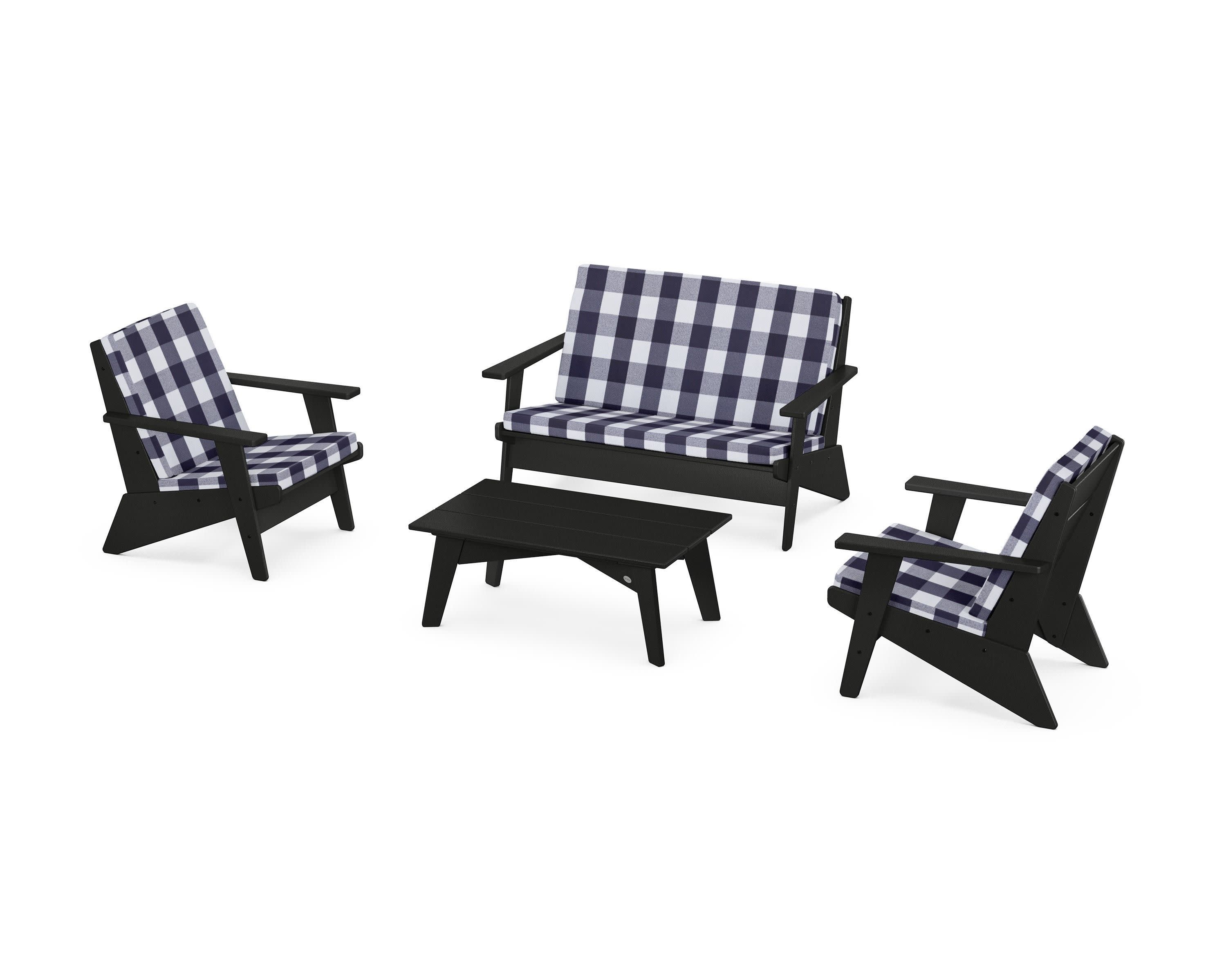 Riviera Modern Lounge 4-Piece Set in Black / Buffalo Plaid Navy
