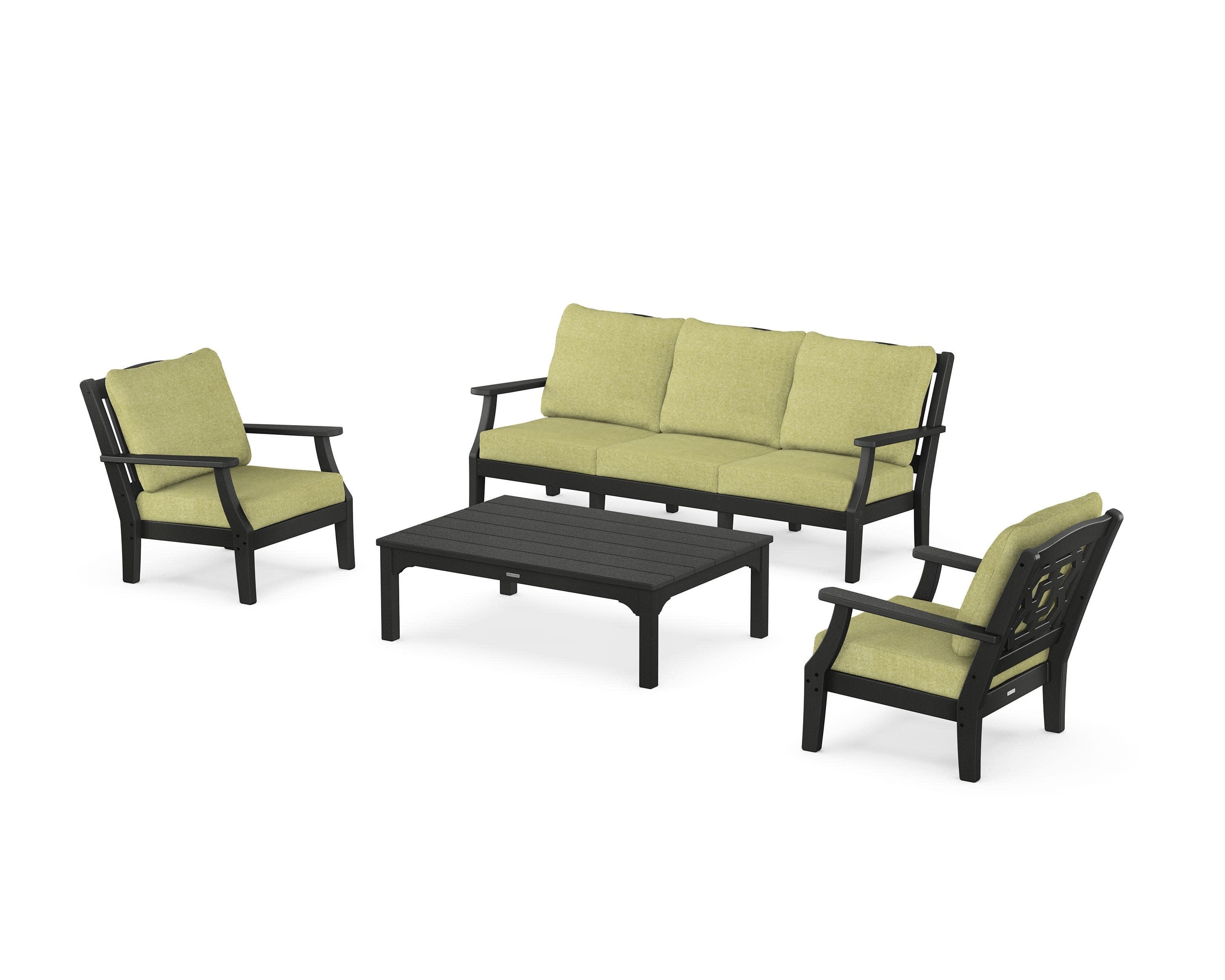 Chinoiserie 4-Piece Deep Seating Set with Sofa in Black / Chartreuse Boucle