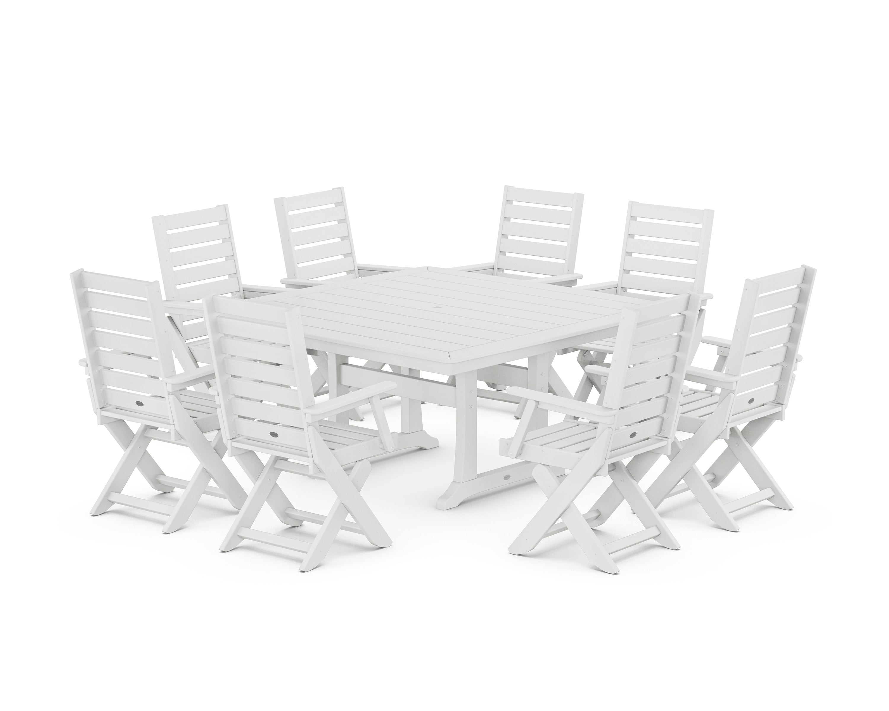 Captain Folding Chair 9-Piece Square Dining Set with Trestle Legs in White