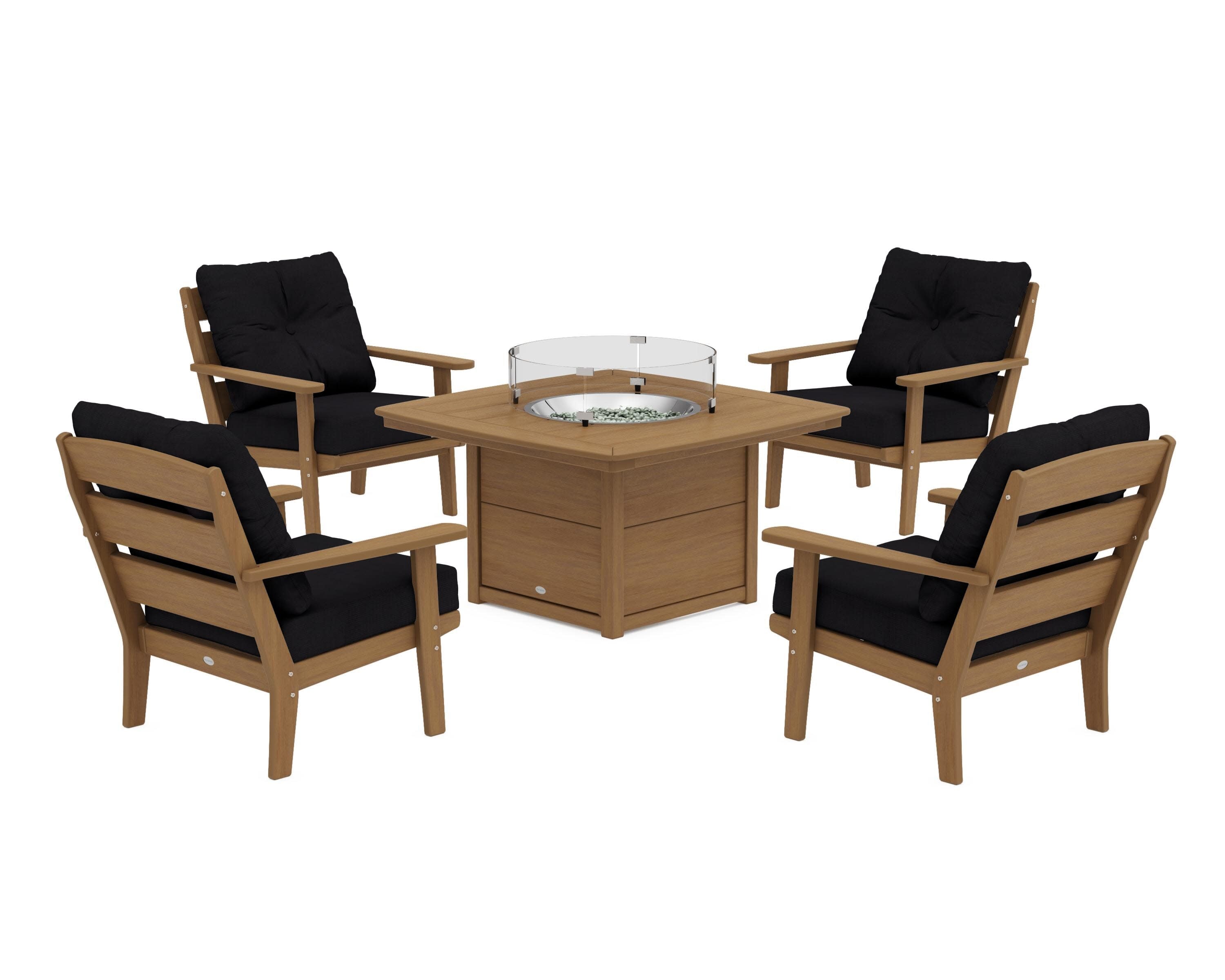 Lakeside 5-Piece Deep Seating Set with Nautical Fire Pit Table in Natural / Midnight Linen