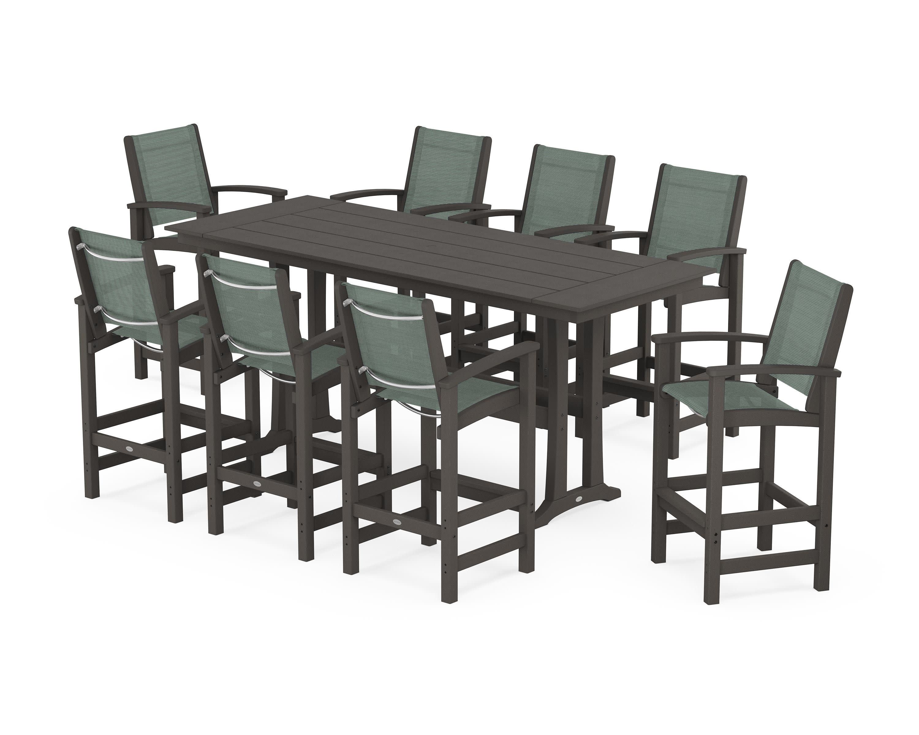 Coastal 9-Piece Farmhouse Bar Set with Trestle Legs in Vintage Coffee / Dupioni Sea Mist Sling