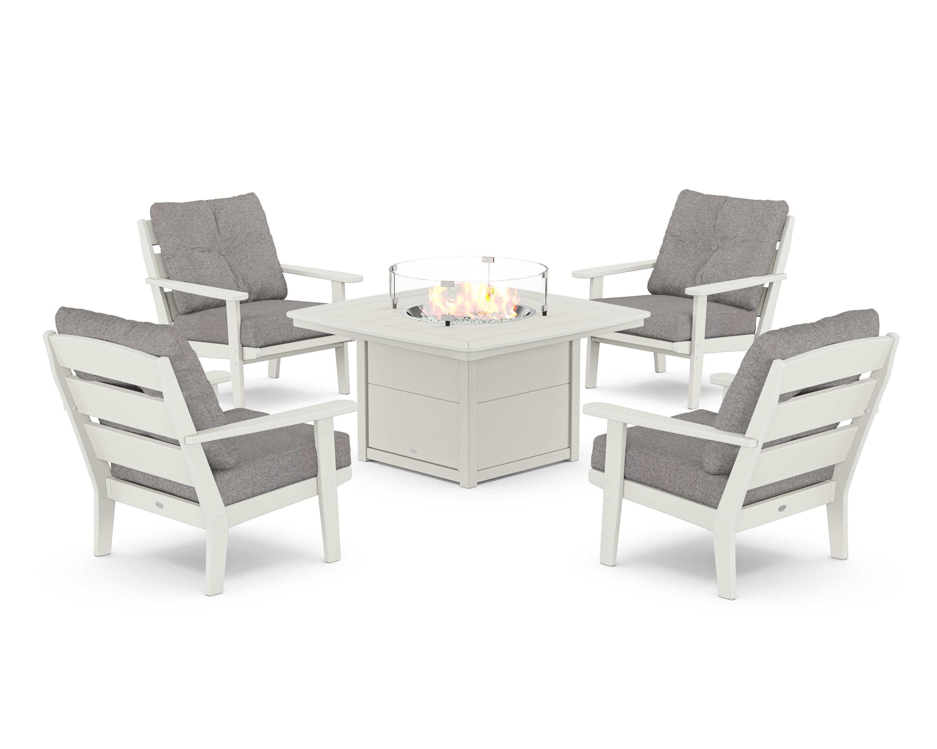 Lakeside 5-Piece Deep Seating Set with Nautical Fire Pit Table in Vintage White / Grey Mist