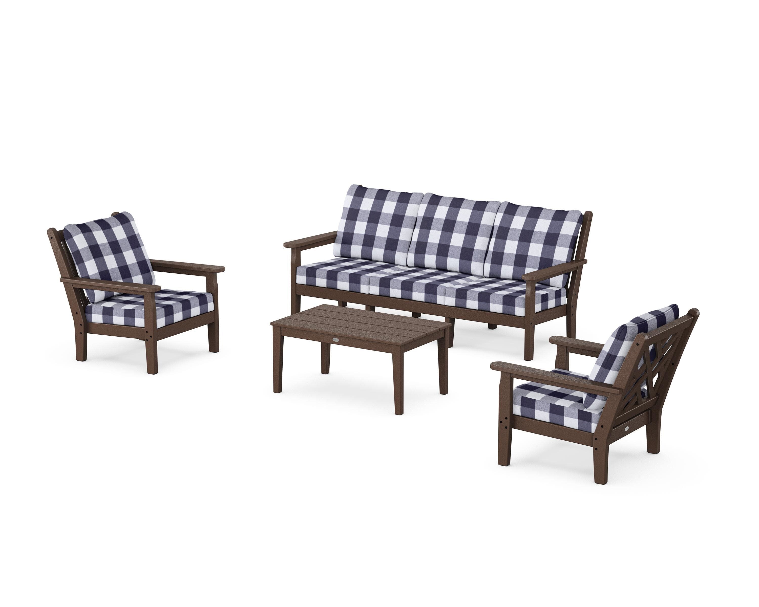 Chippendale 4-Piece Deep Seating Set with Sofa in Mahogany / Buffalo Plaid Navy