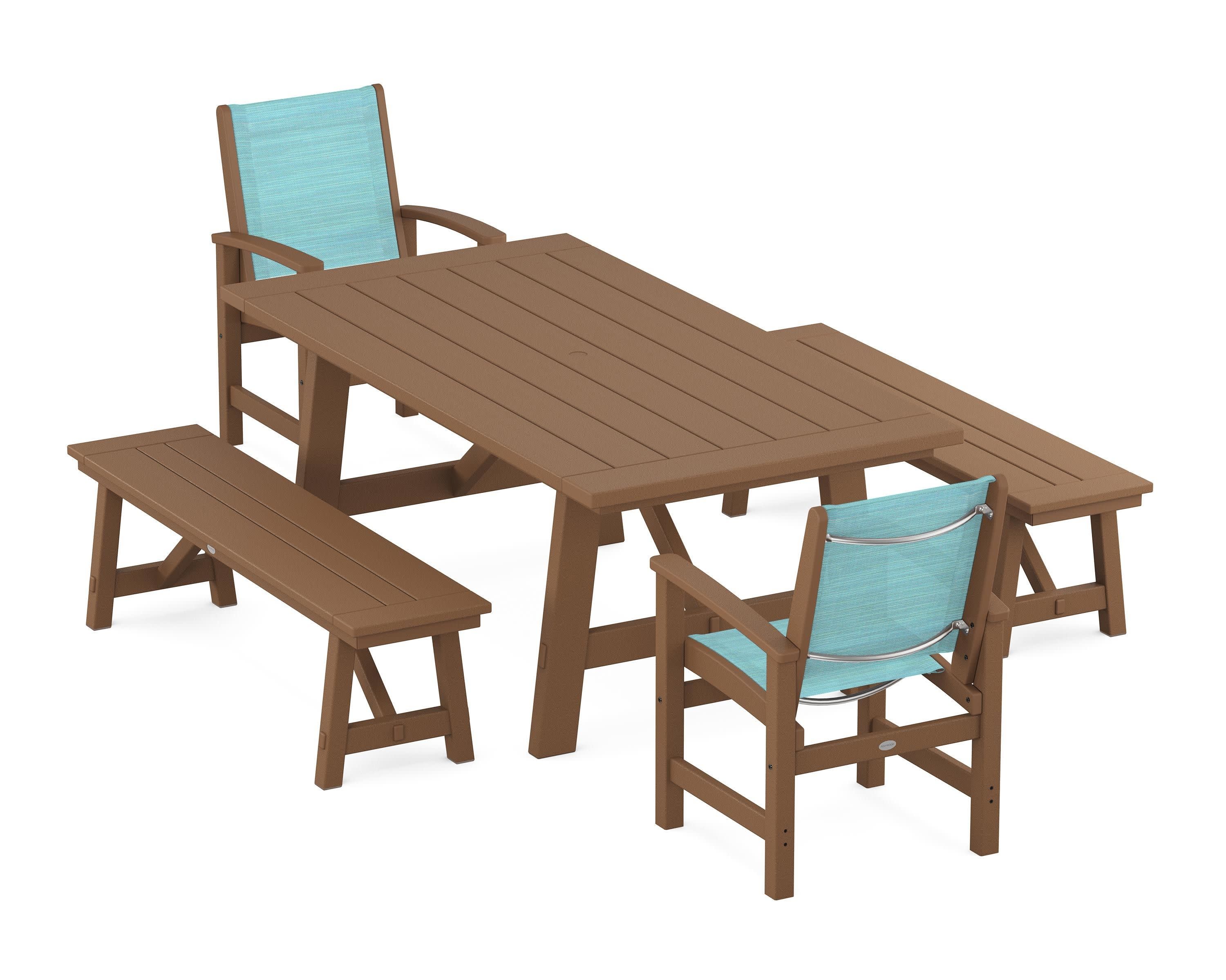 Coastal 5-Piece Rustic Farmhouse Dining Set With Benches in Teak / Dupioni Aquamarine Sling