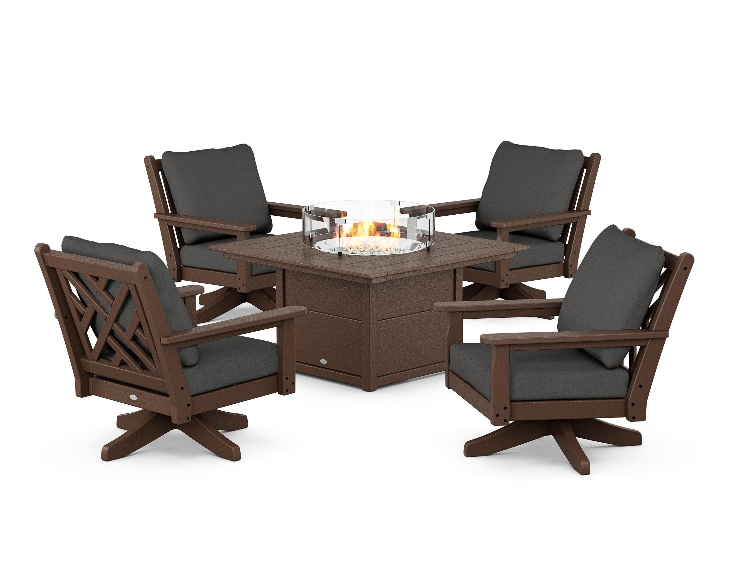 Chippendale 5-Piece Deep Seating Swivel Conversation Set with Fire Pit Table in Mahogany / Spectrum Carbon