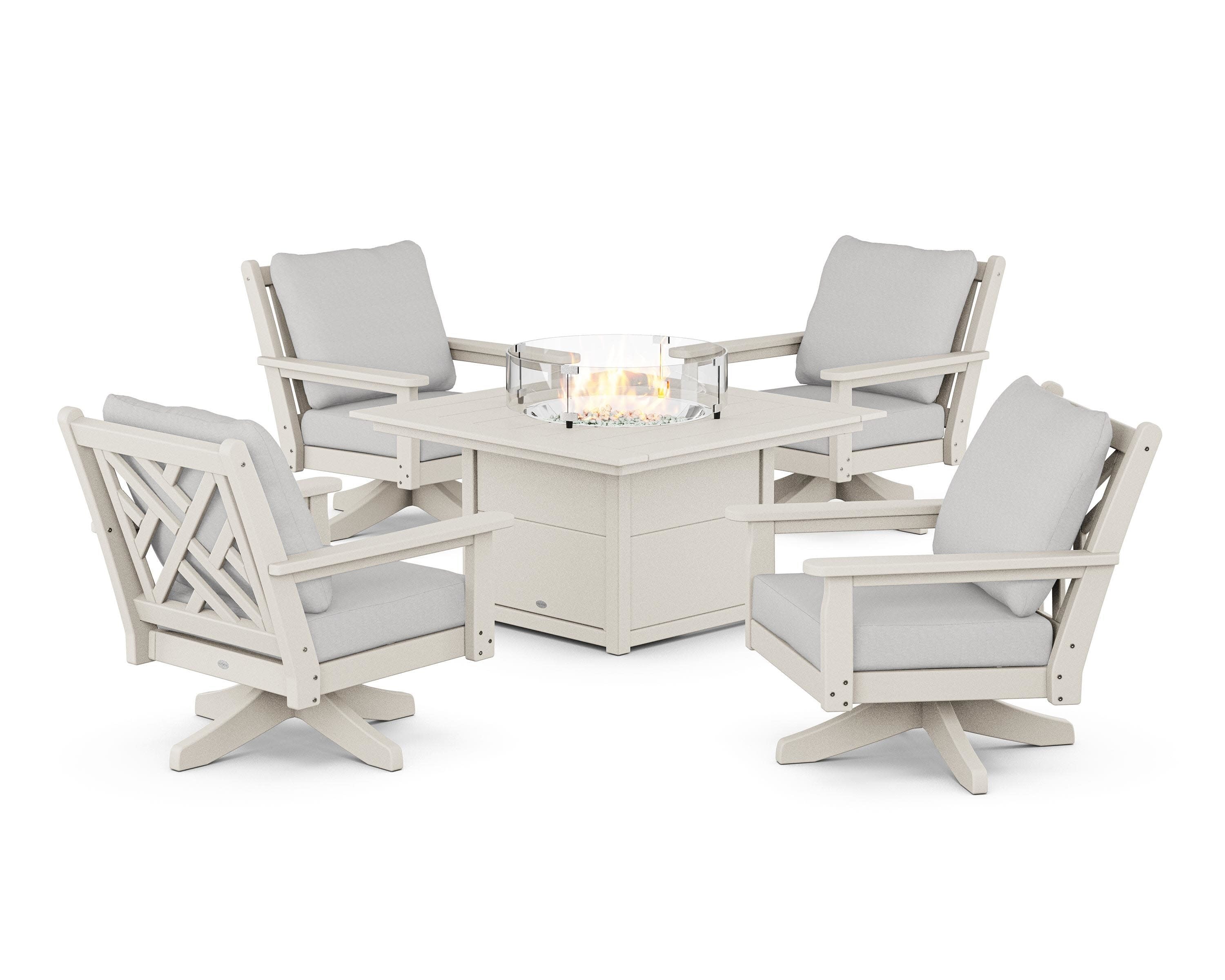 Chippendale 5-Piece Deep Seating Swivel Conversation Set with Fire Pit Table in Sand / Diamond in the Rough