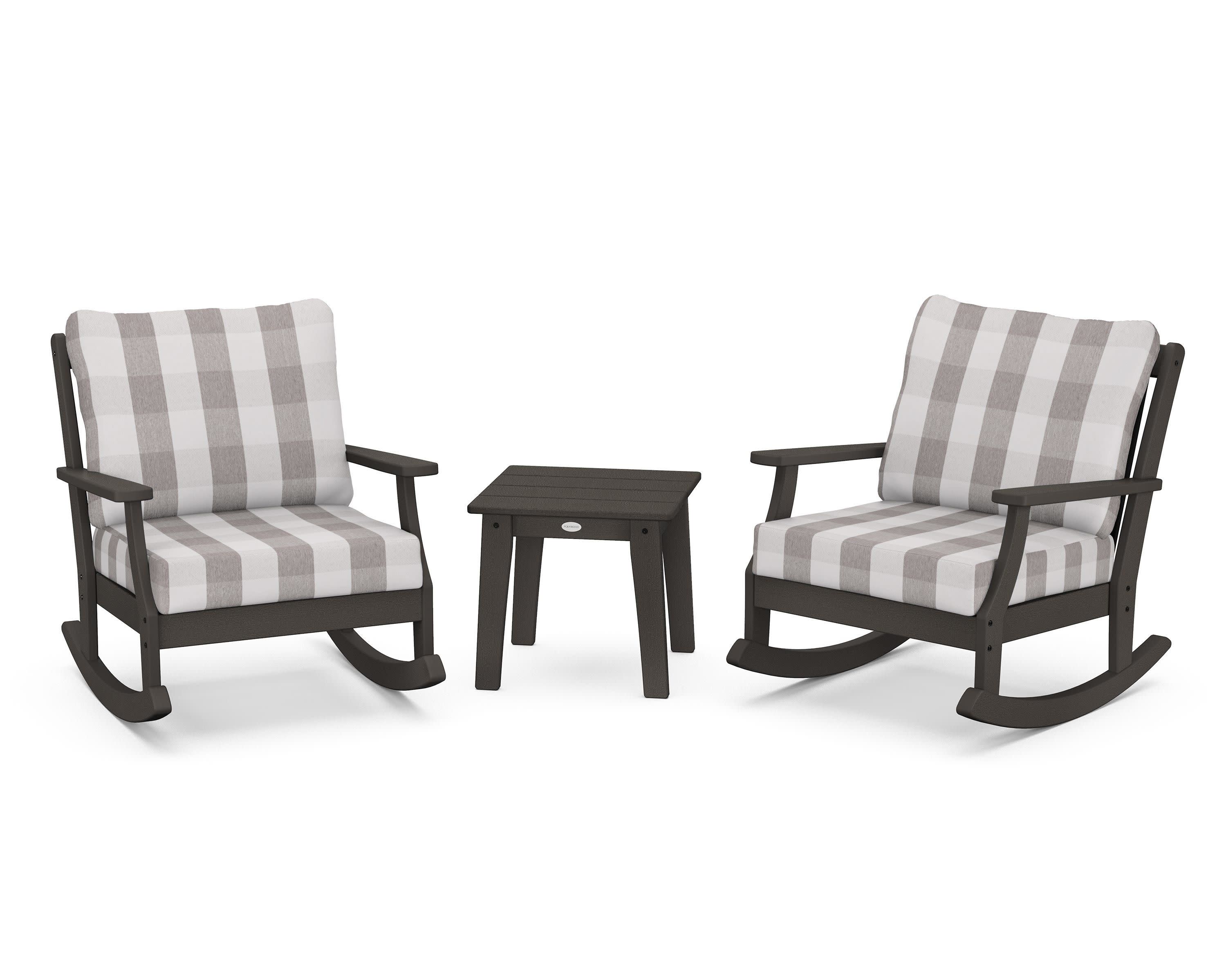 Braxton 3-Piece Deep Seating Rocker Set in Vintage Coffee / Buffalo Plaid Grey Mist