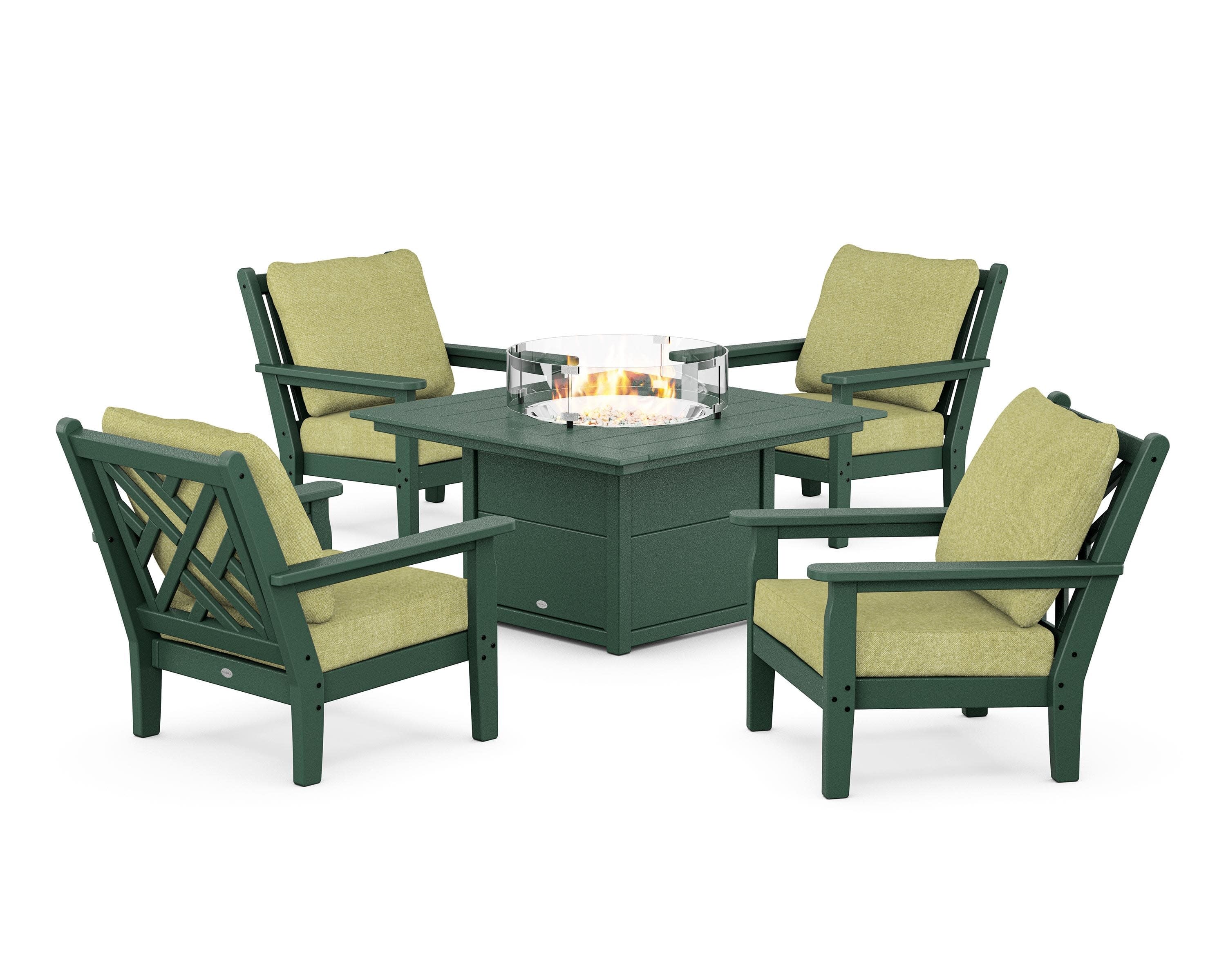 Chippendale 5-Piece Deep Seating Set with Fire Pit Table in Green / Chartreuse Boucle