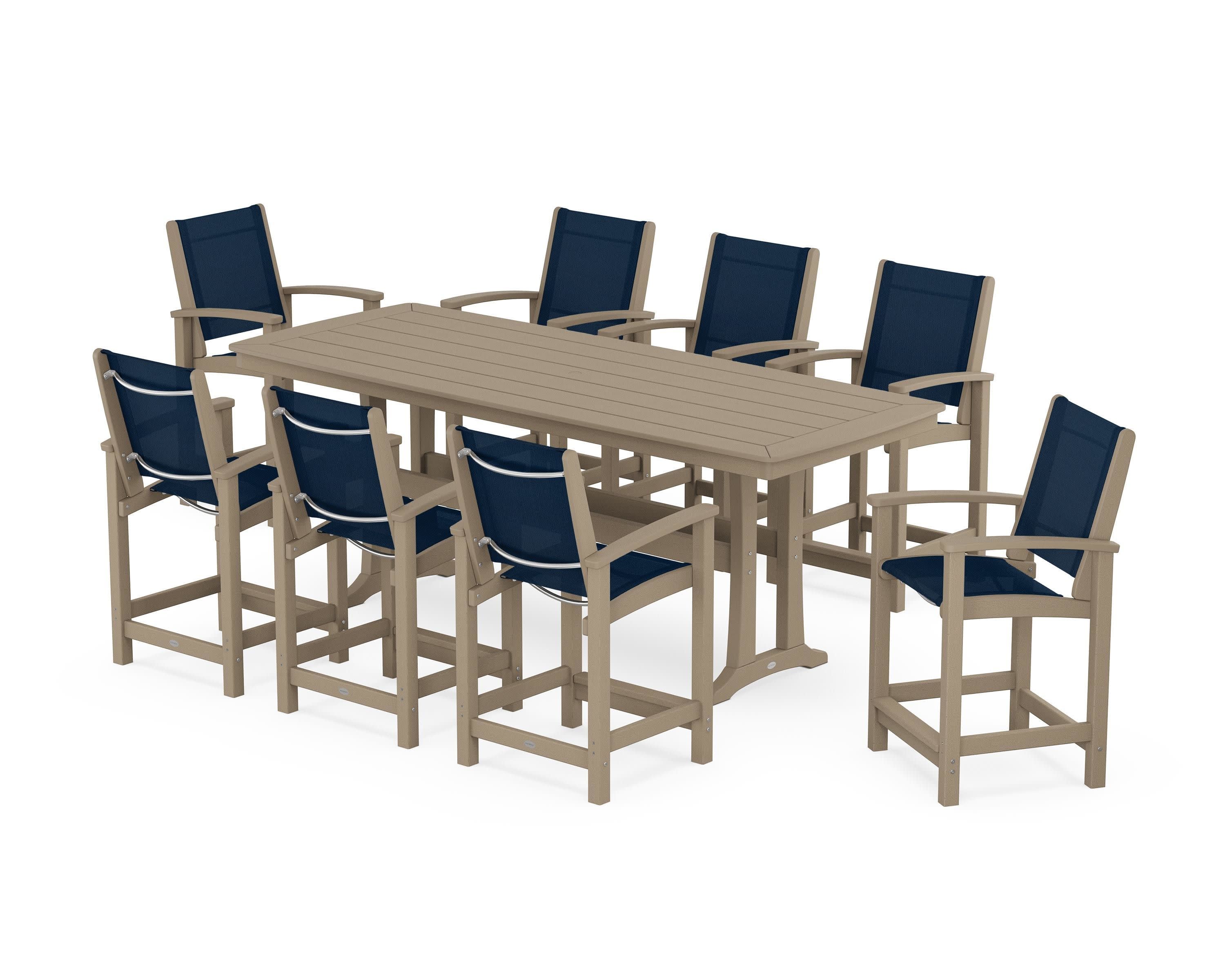 Coastal 9-Piece Counter Set with Trestle Legs in Vintage Sahara / Navy Blue Sling