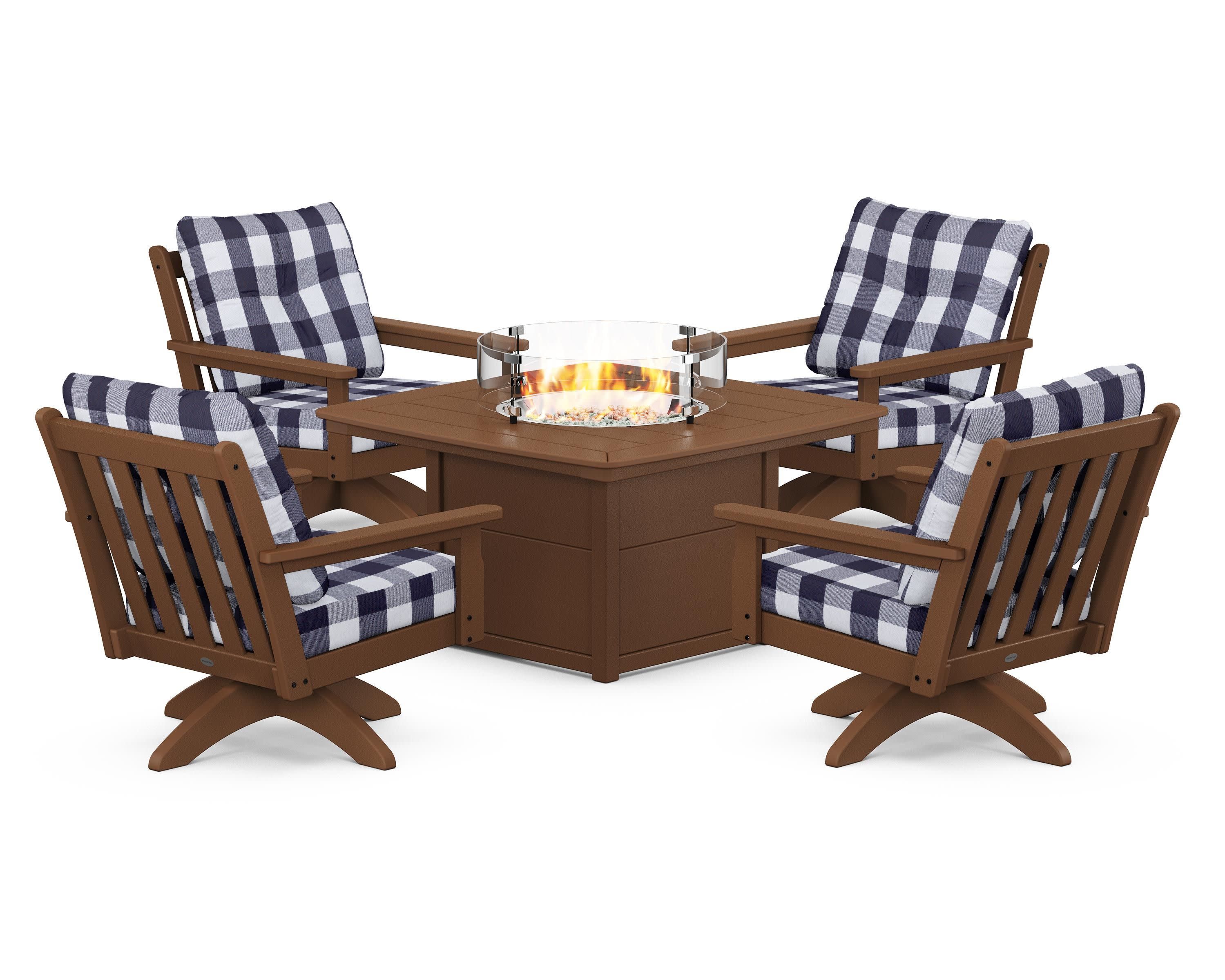 Vineyard 5-Piece Deep Seating Swivel Conversation Set with Fire Pit Table in Teak / Buffalo Plaid Navy