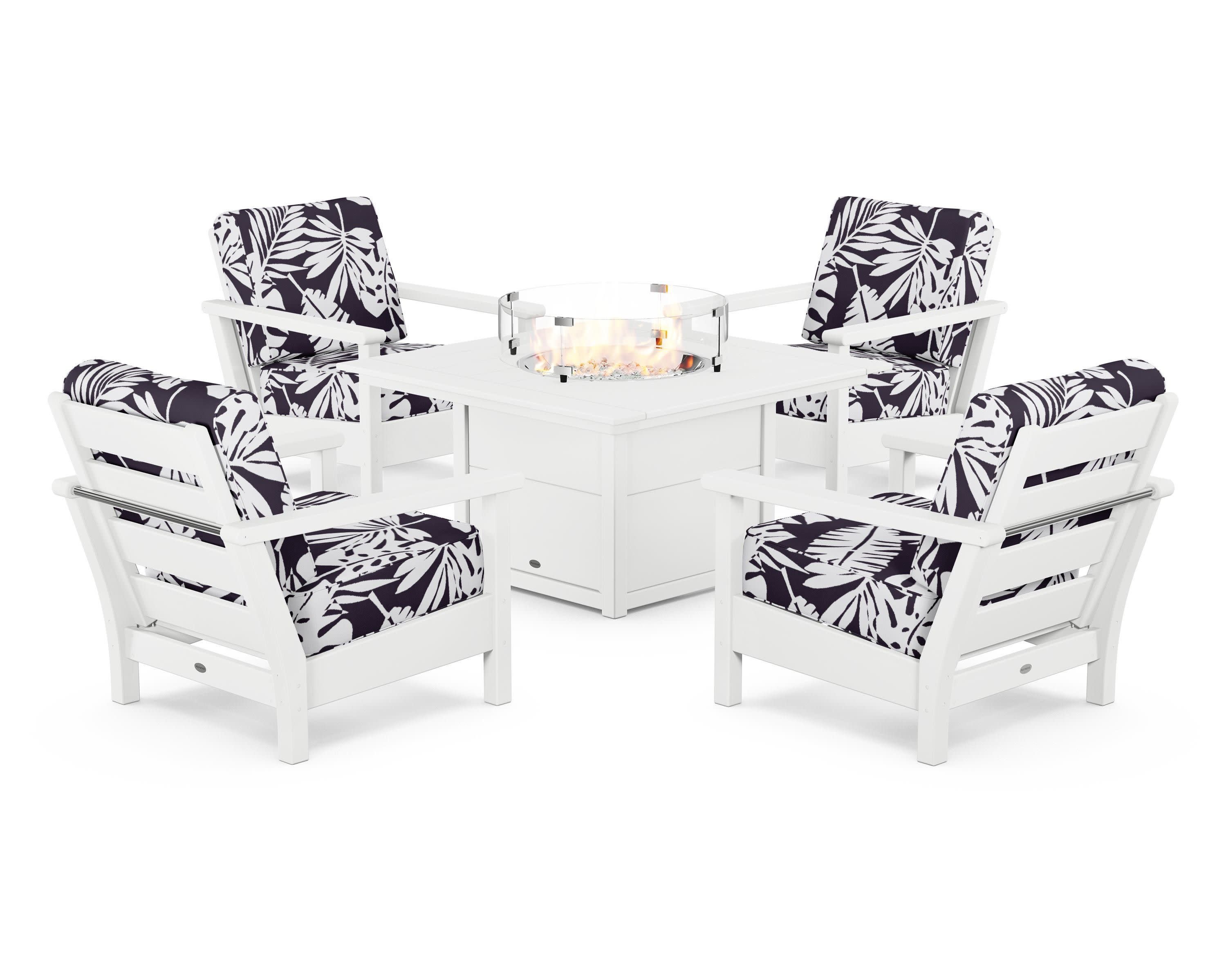 Harbour 5-Piece Conversation Set with Fire Pit Table in White / Leaf Navy