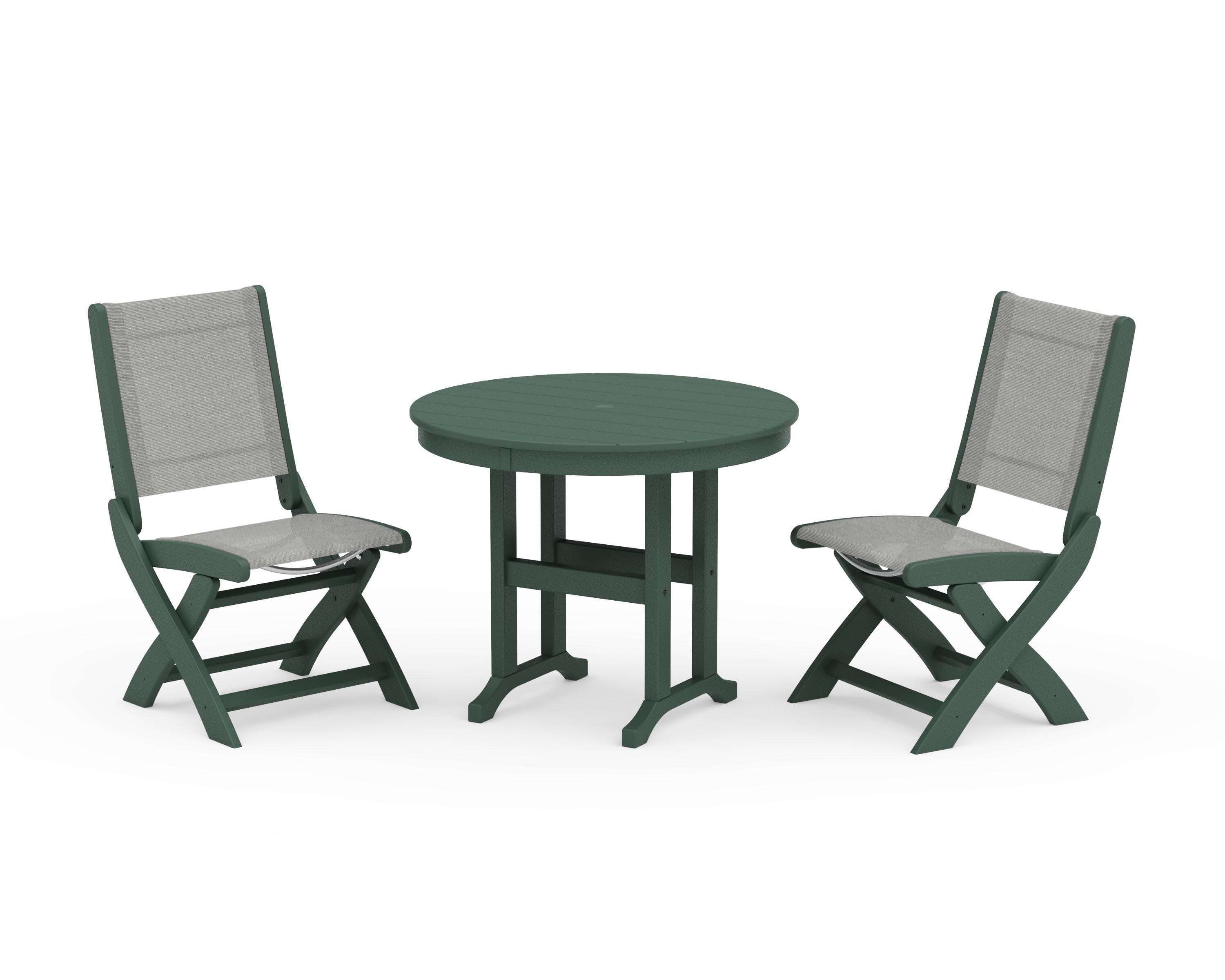 Coastal Folding Side Chair 3-Piece Round Dining Set in Green / Metallic Sling
