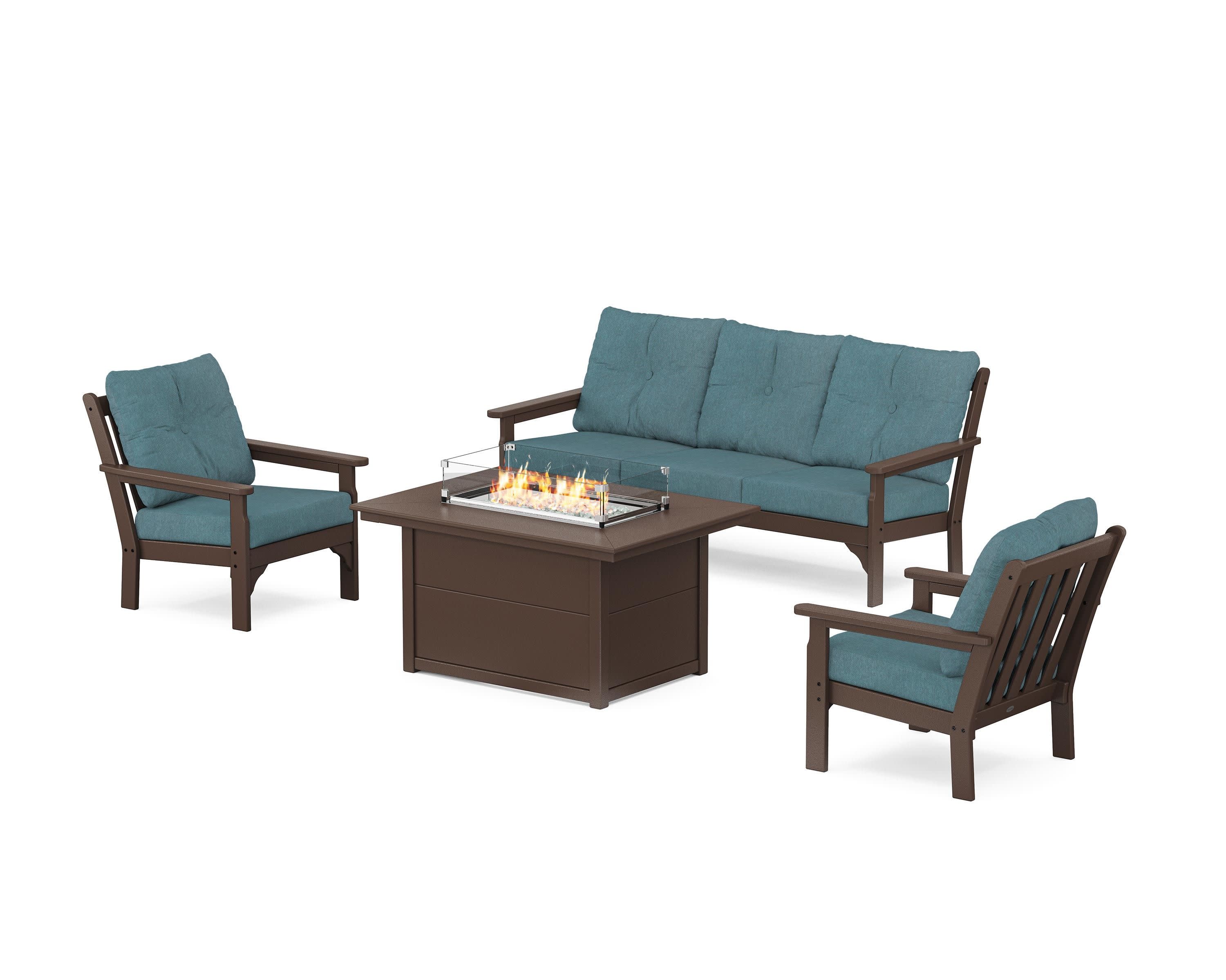Vineyard Deep Seating Fire Pit Table Set in Mahogany / Ocean Teal
