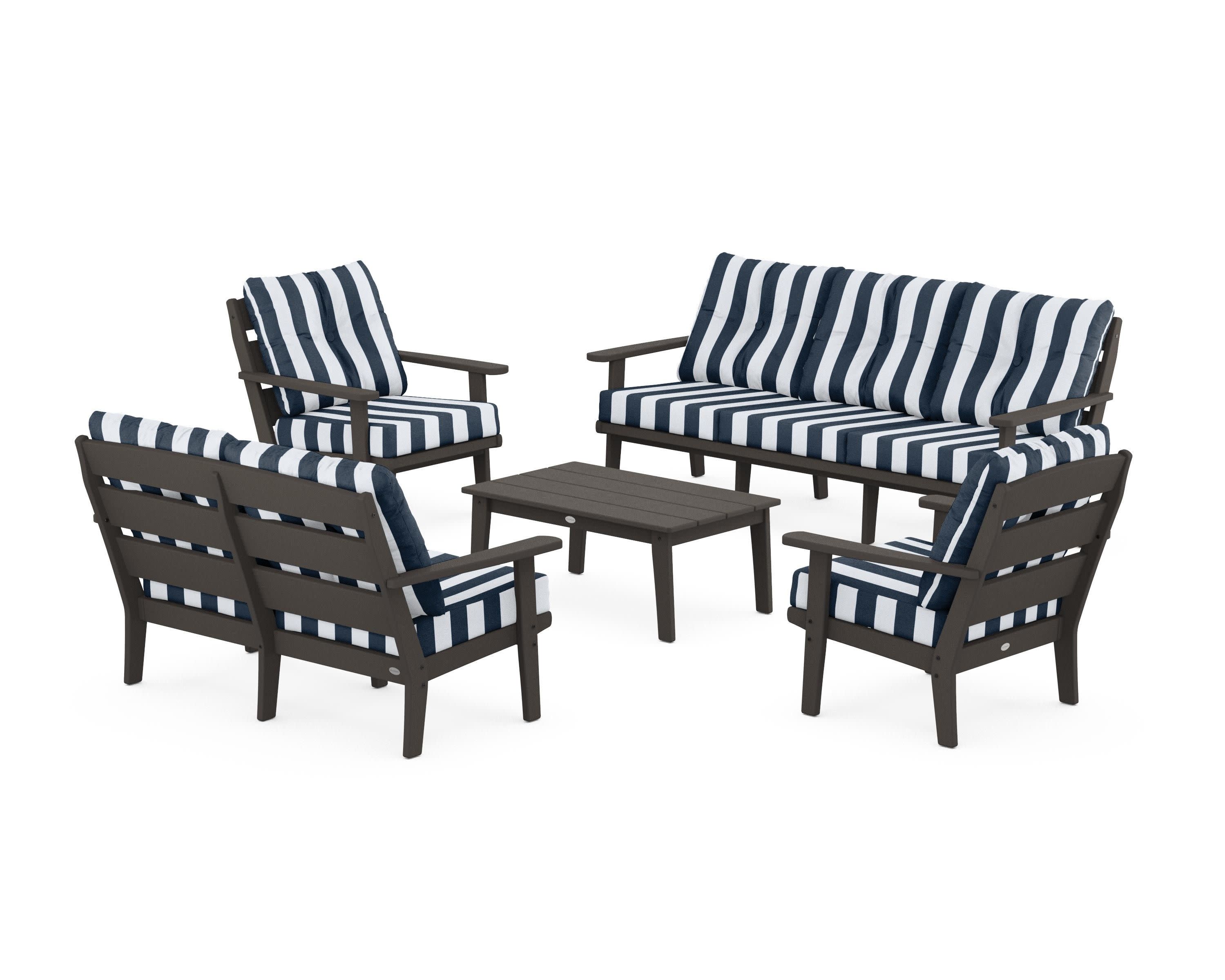 Lakeside 5-Piece Lounge Sofa Set in Vintage Coffee / Cabana Stripe Marine Indigo