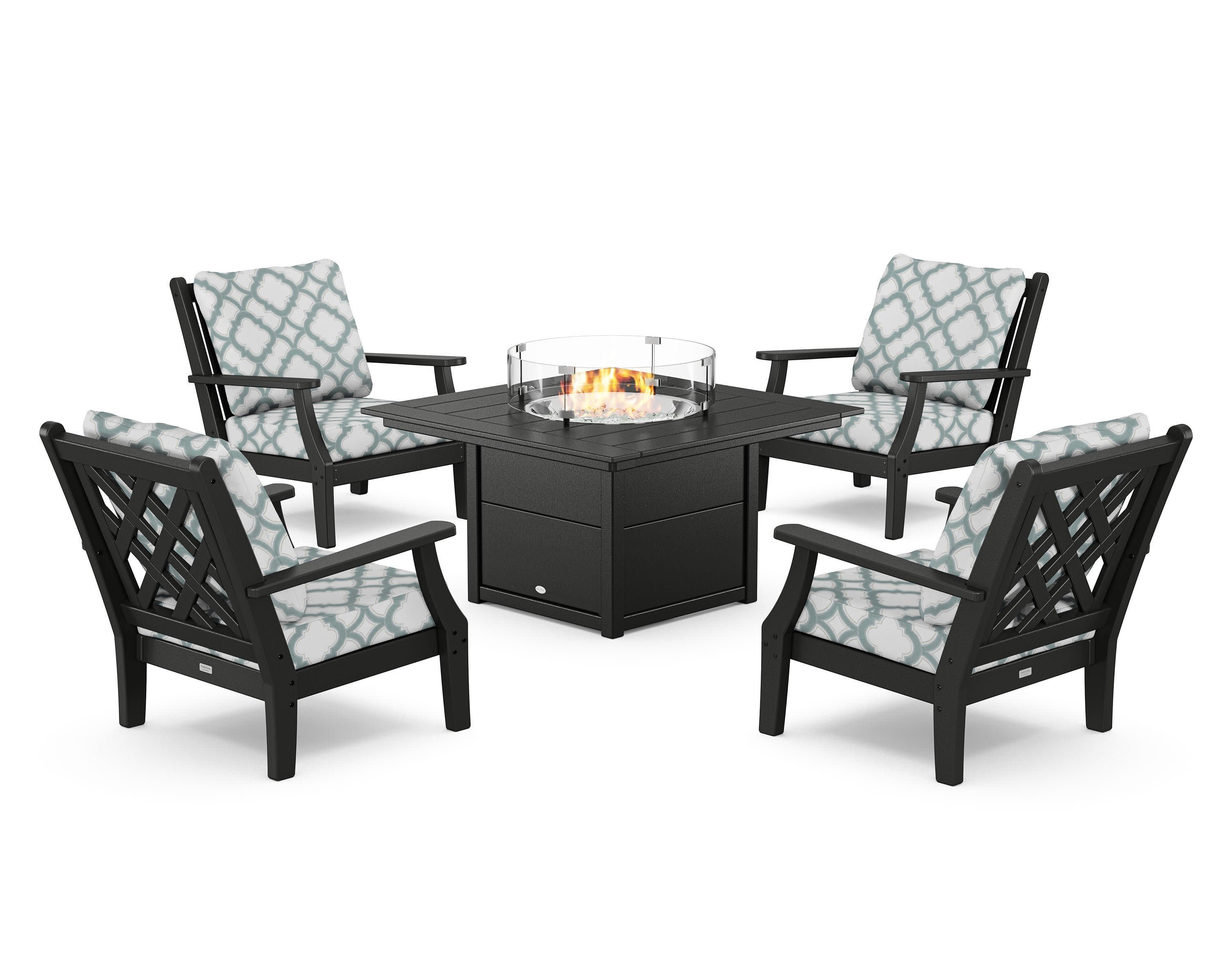 Wovendale 5-Piece Deep Seating Set with Fire Pit Table in Black / Trellis Glacier Spa