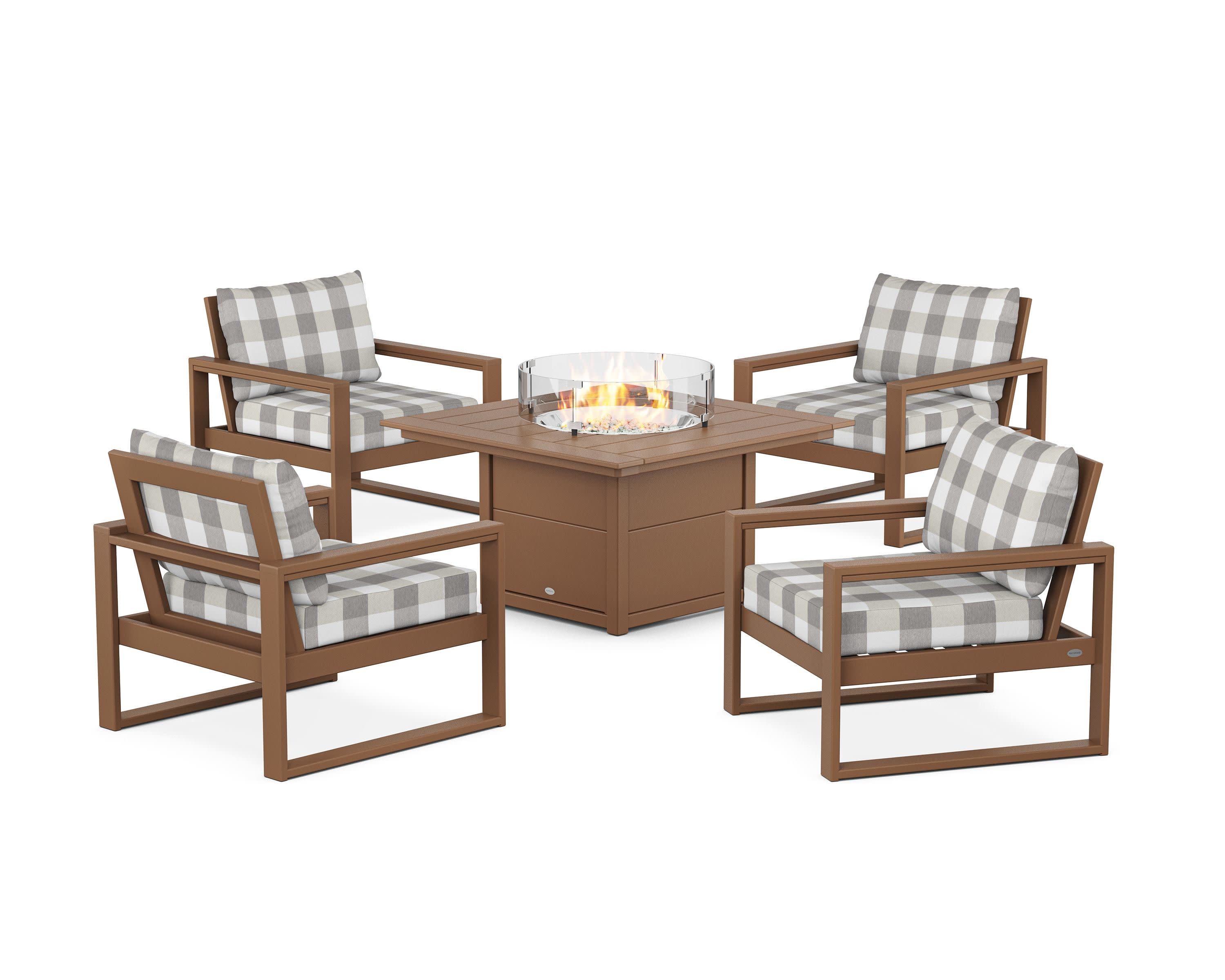 EDGE Sectional 5-Piece Deep Seating Set with Fire Pit Table in Teak / Buffalo Plaid Grey Mist