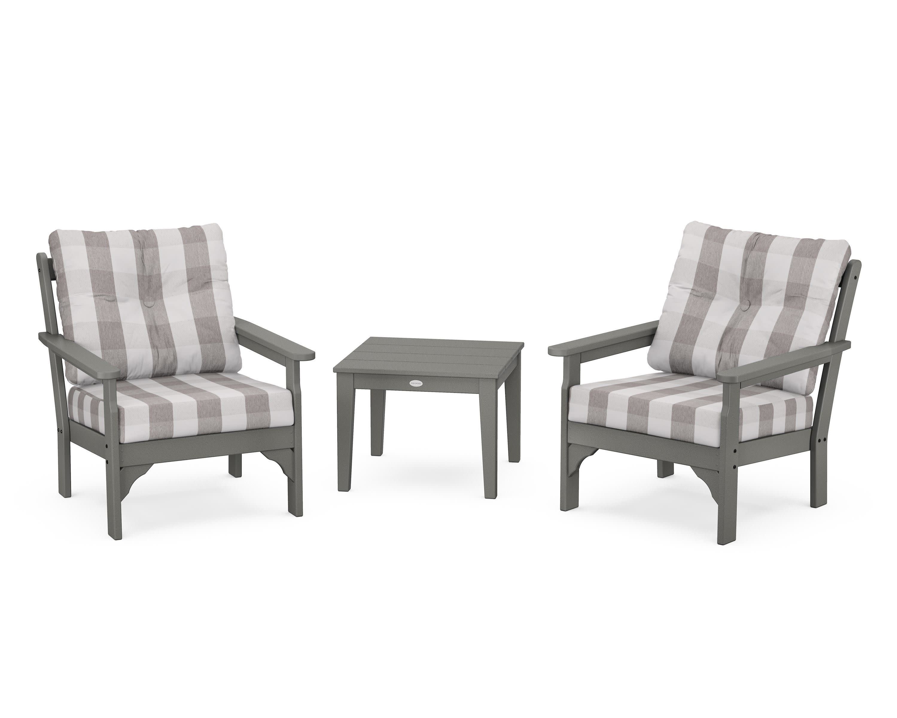 Vineyard 3-Piece Deep Seating Set in Slate Grey / Buffalo Plaid Grey Mist