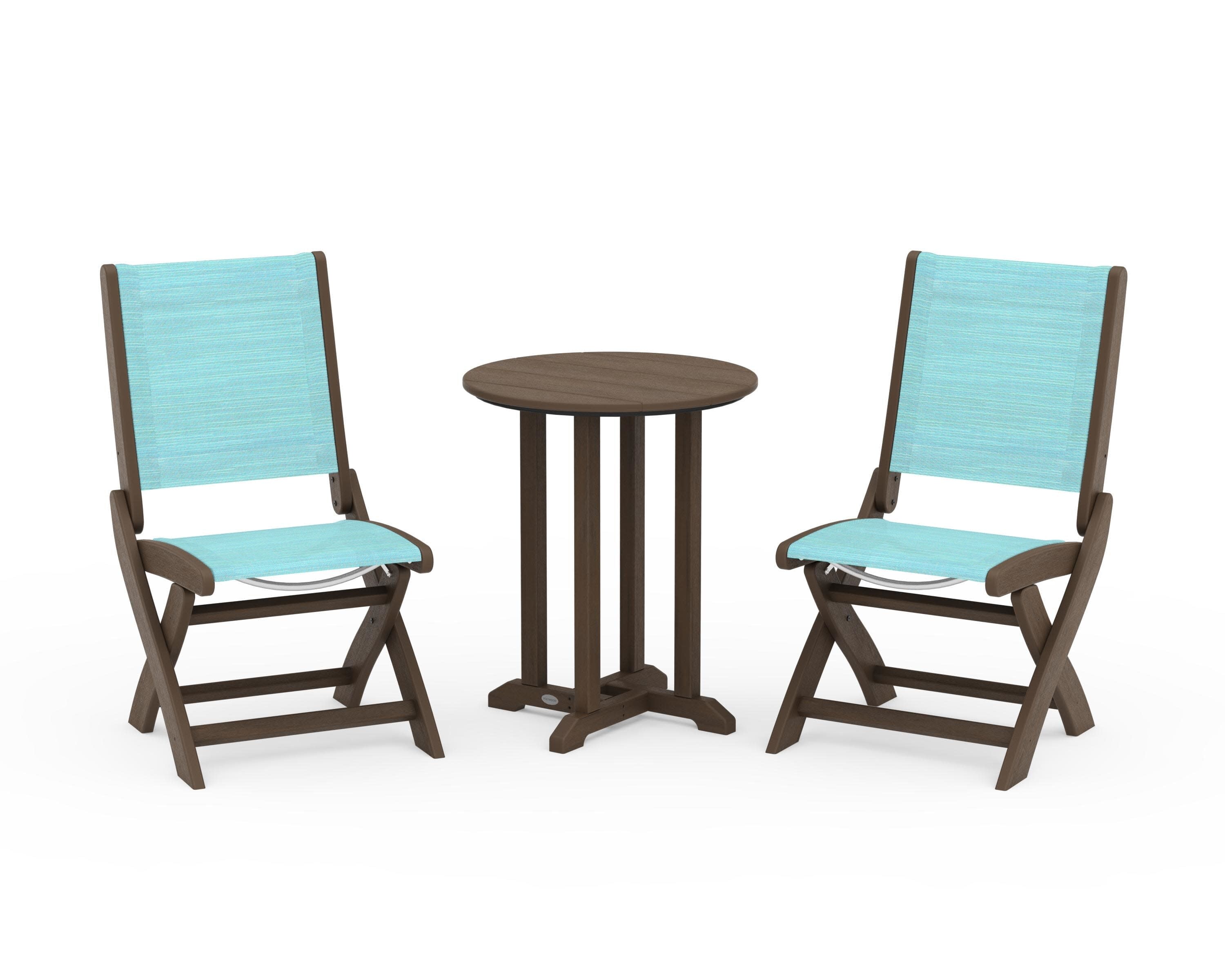 Coastal Folding Side Chair 3-Piece Round Bistro Dining Set in Kona / Dupioni Aquamarine Sling