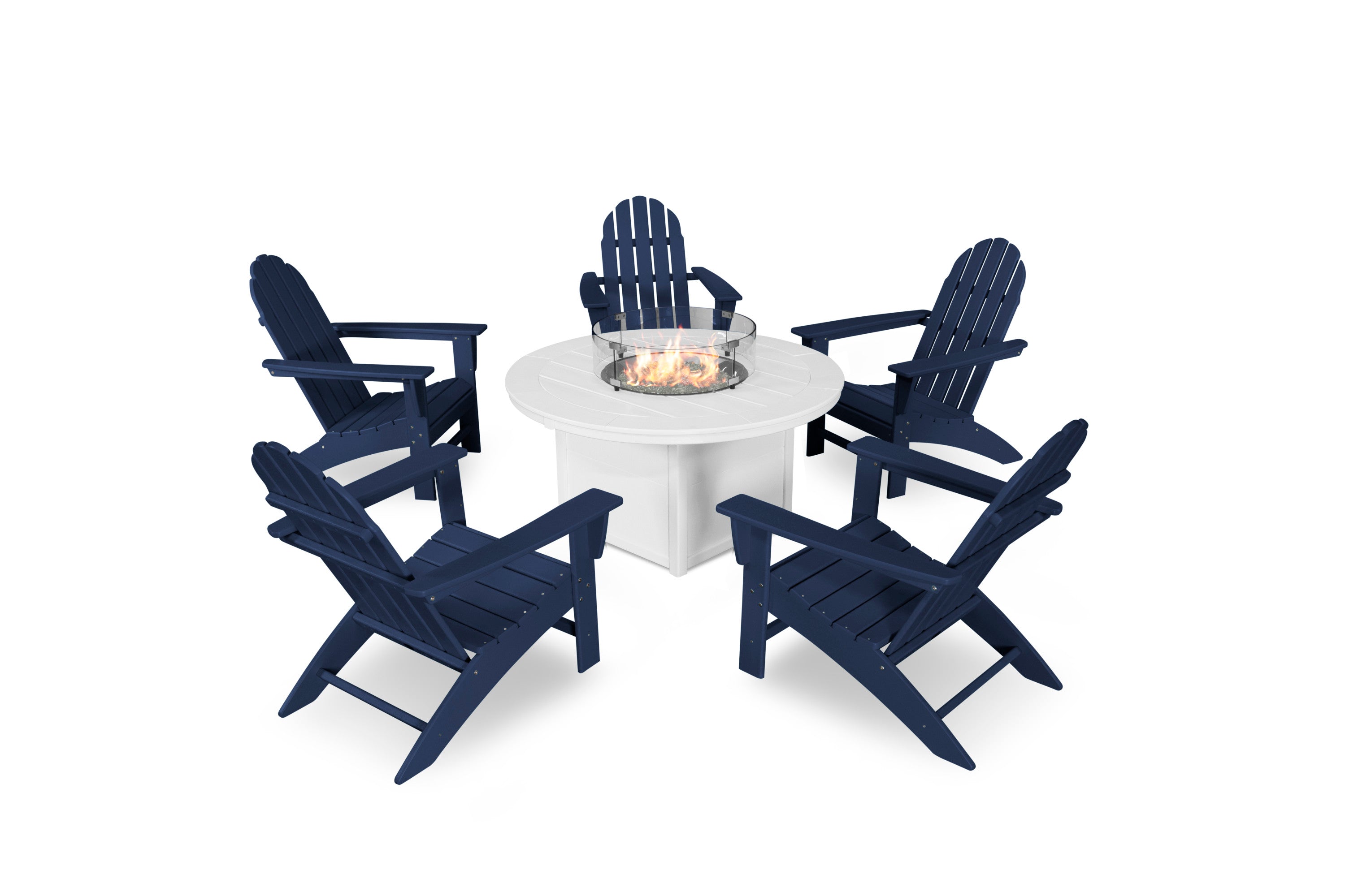 Vineyard Adirondack 6-Piece Chat Set with Fire Pit Table in Navy / White