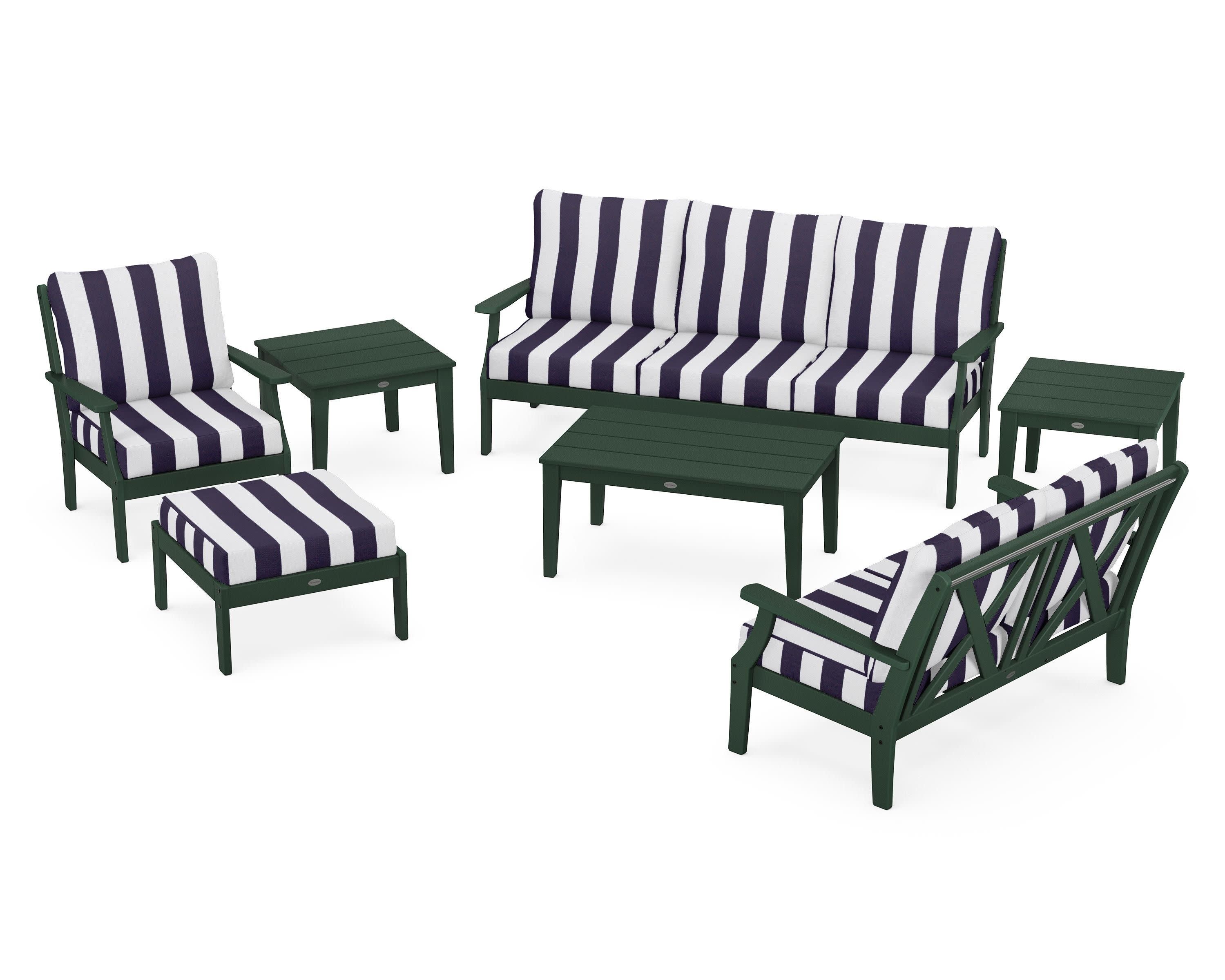 Braxton 7-Piece Deep Seating Set in Green / Cabana Stripe Navy