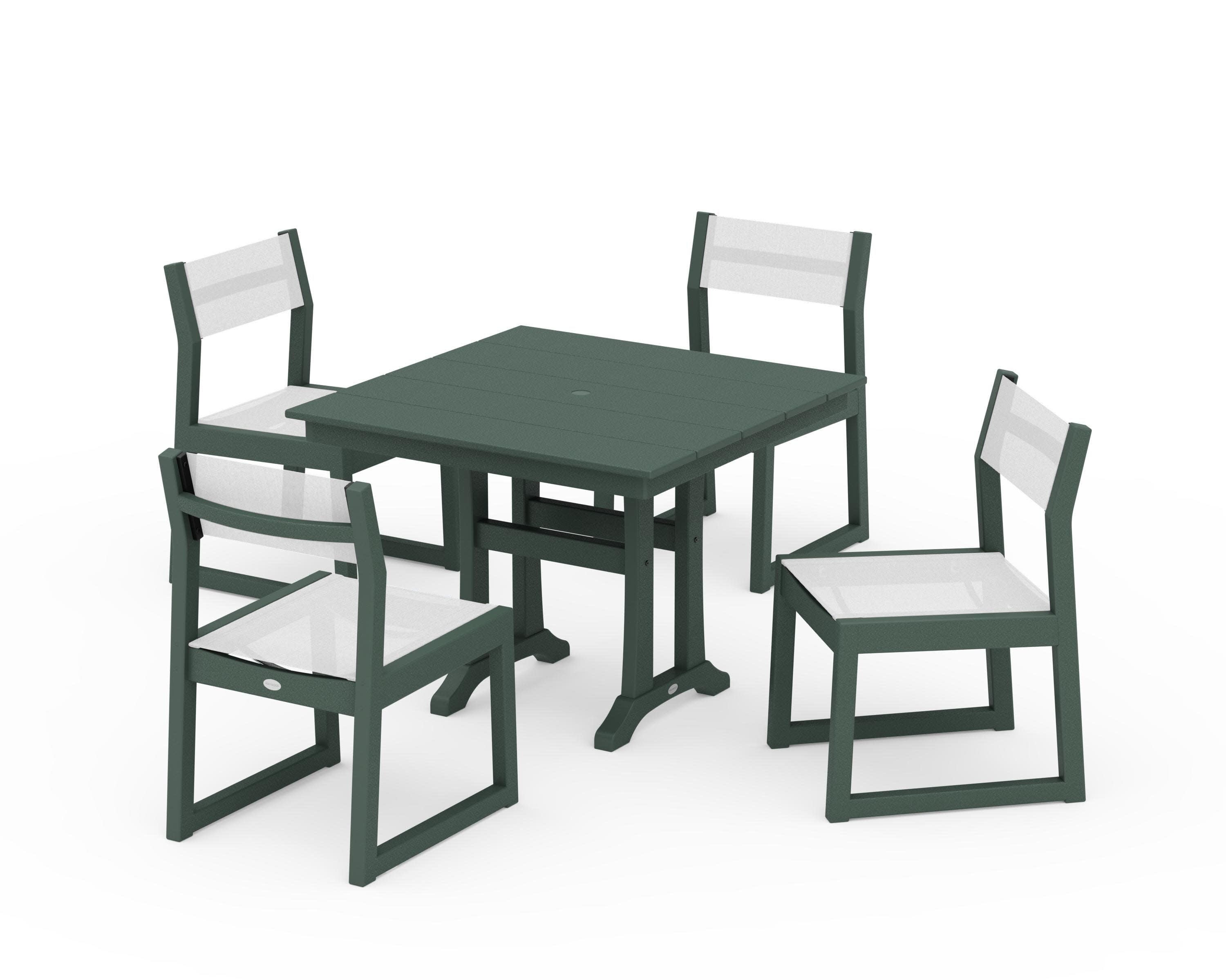 EDGE Sling 5-Piece Farmhouse Trestle Side Chair Dining Set in Green / White Sling