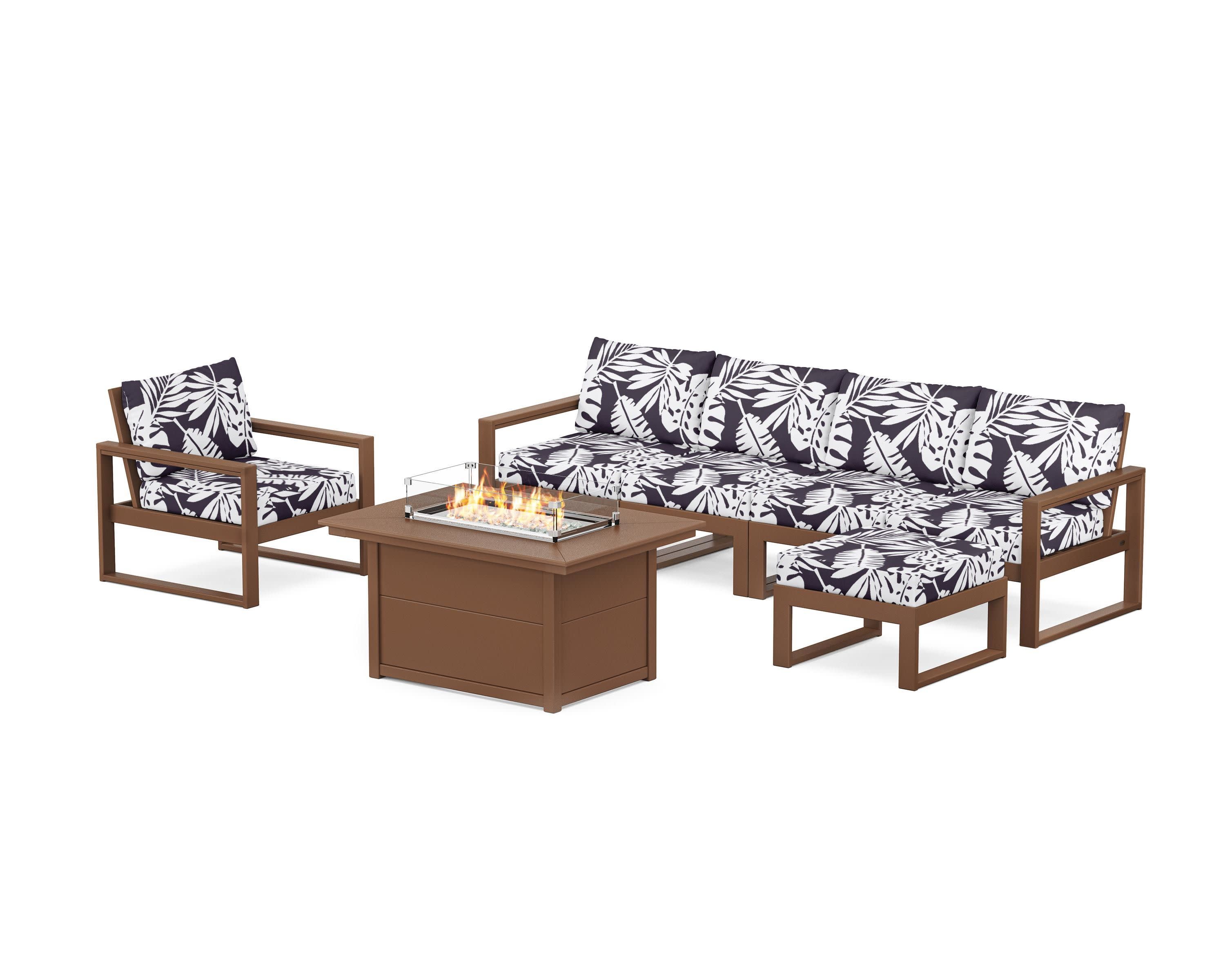 EDGE Sectional Lounge and Fire Pit Set in Teak / Leaf Navy