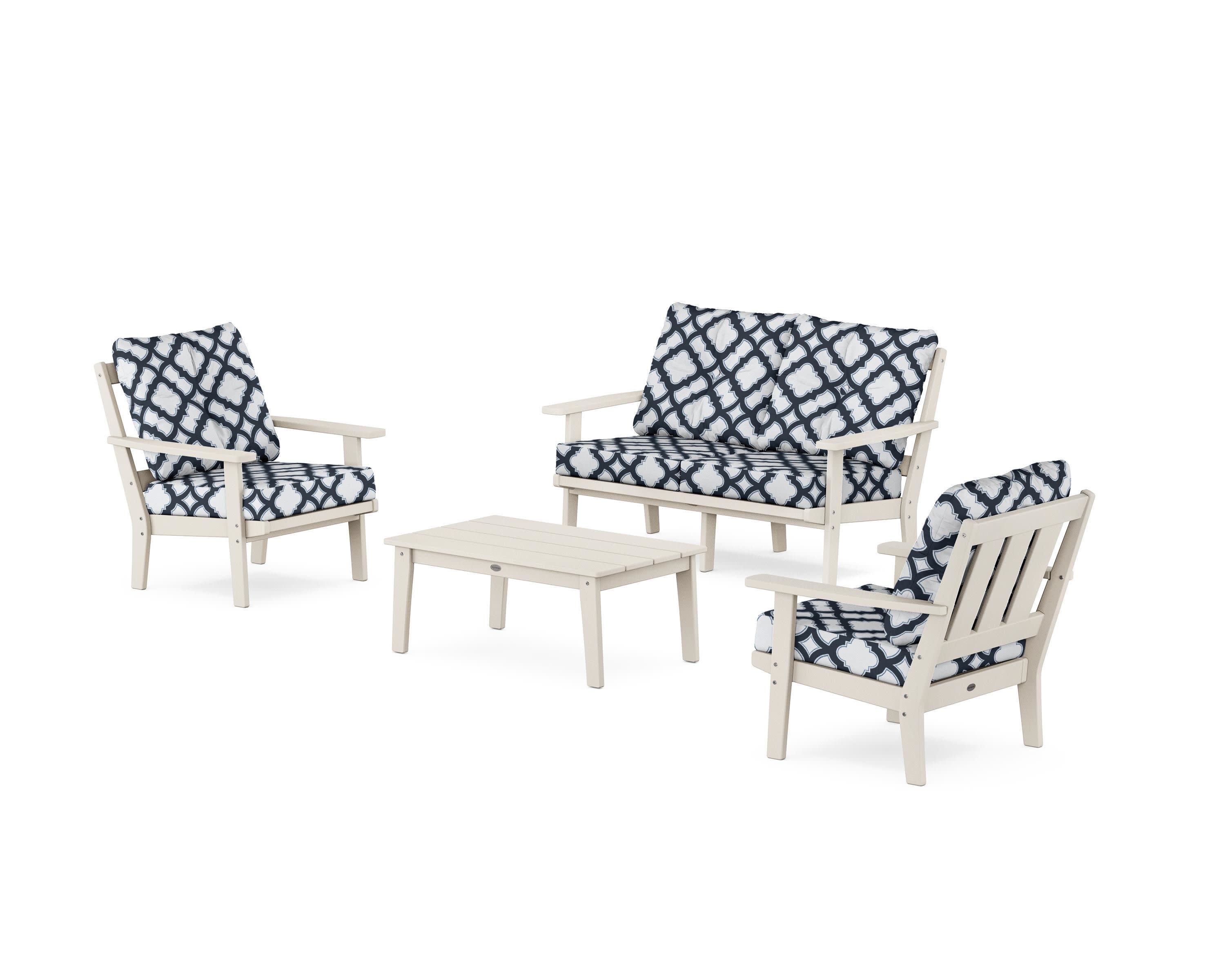 Oxford 4-Piece Deep Seating Set with Loveseat in Sand / Trellis Marine Indigo