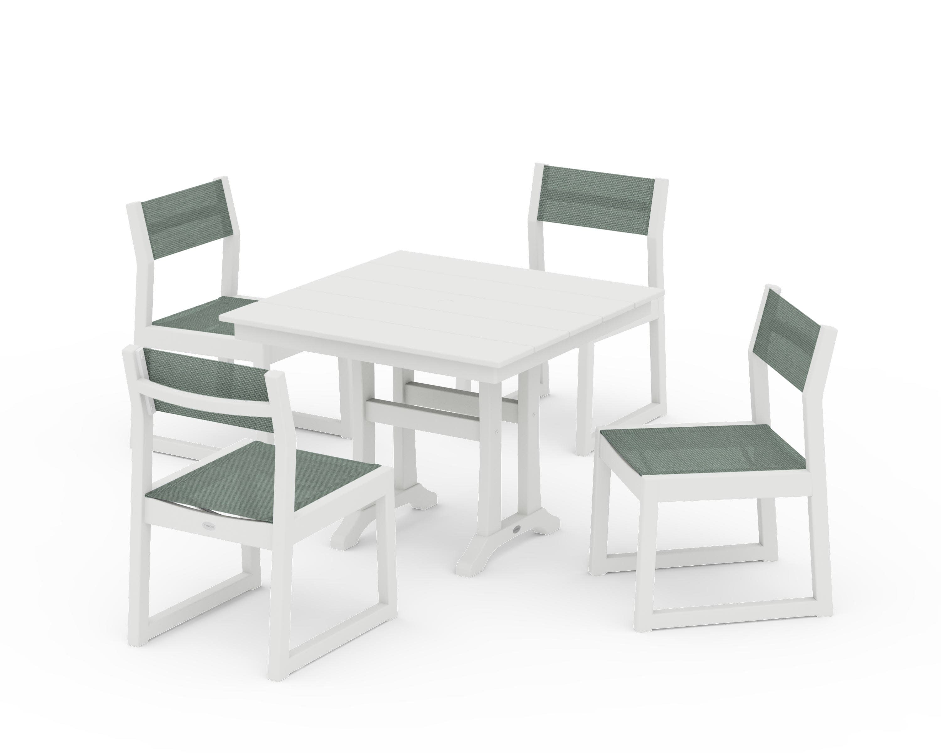 EDGE Sling 5-Piece Farmhouse Trestle Side Chair Dining Set in Vintage White / Dupioni Sea Mist Sling