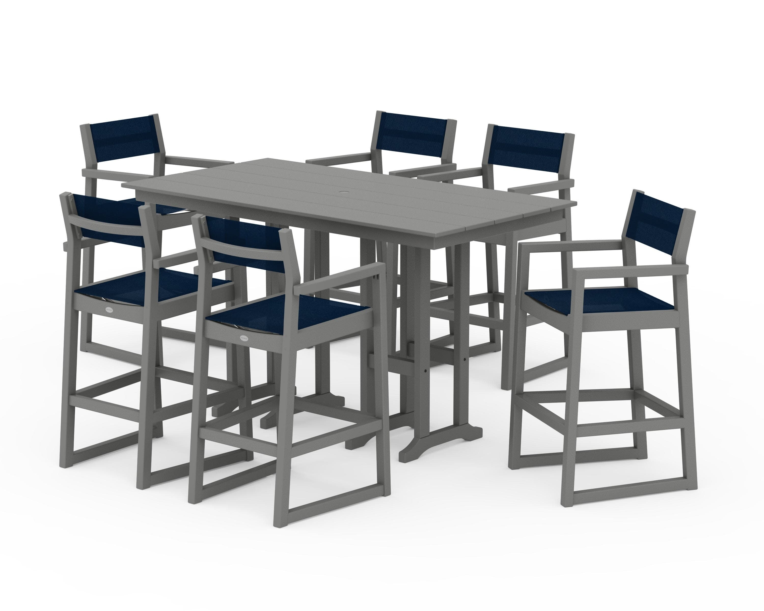 EDGE Sling Arm Chair 7-Piece Farmhouse Bar Set in Slate Grey / Navy Blue Sling