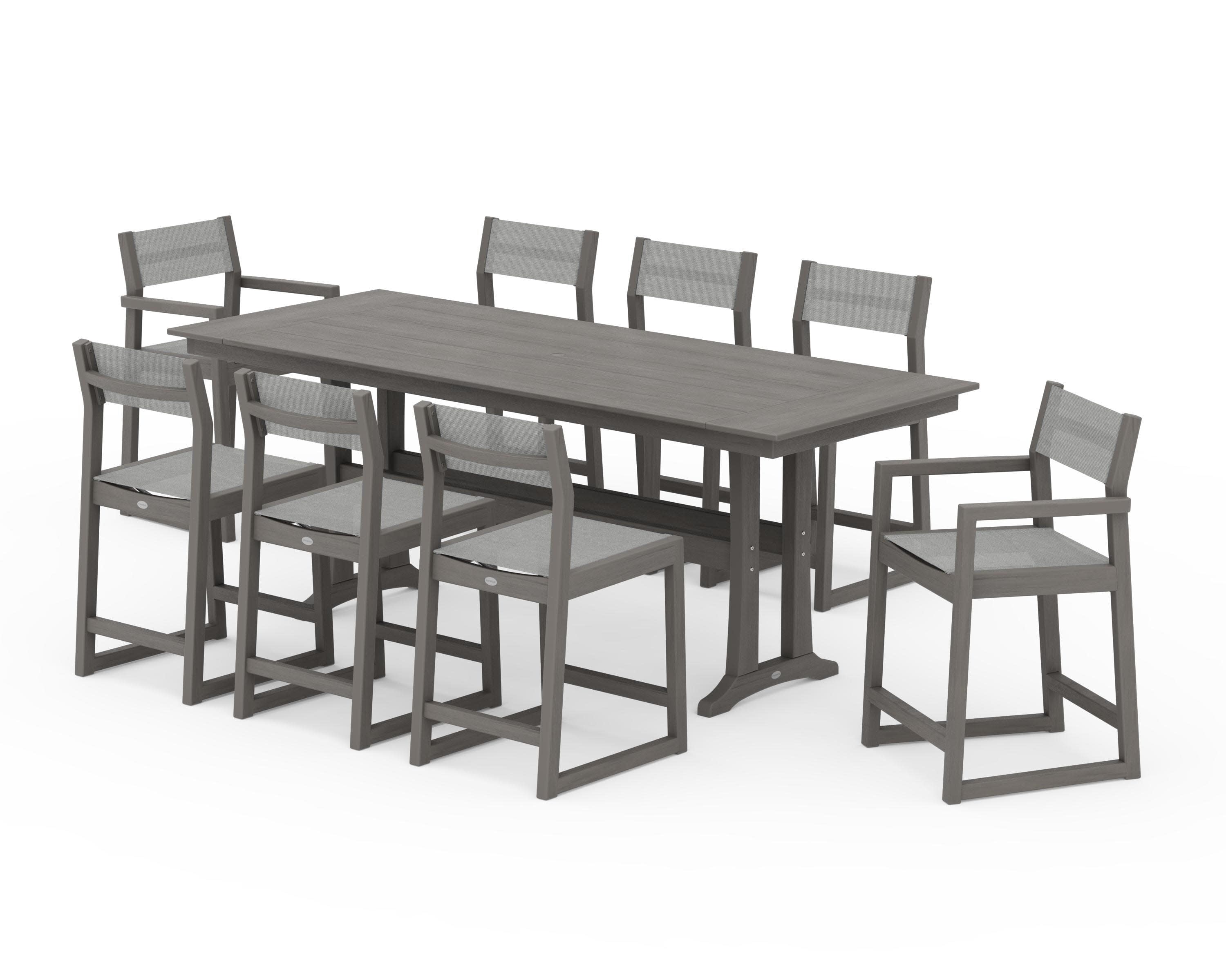 EDGE Sling 9-Piece Farmhouse Counter Set with Trestle Legs in Driftwood / Metallic Sling
