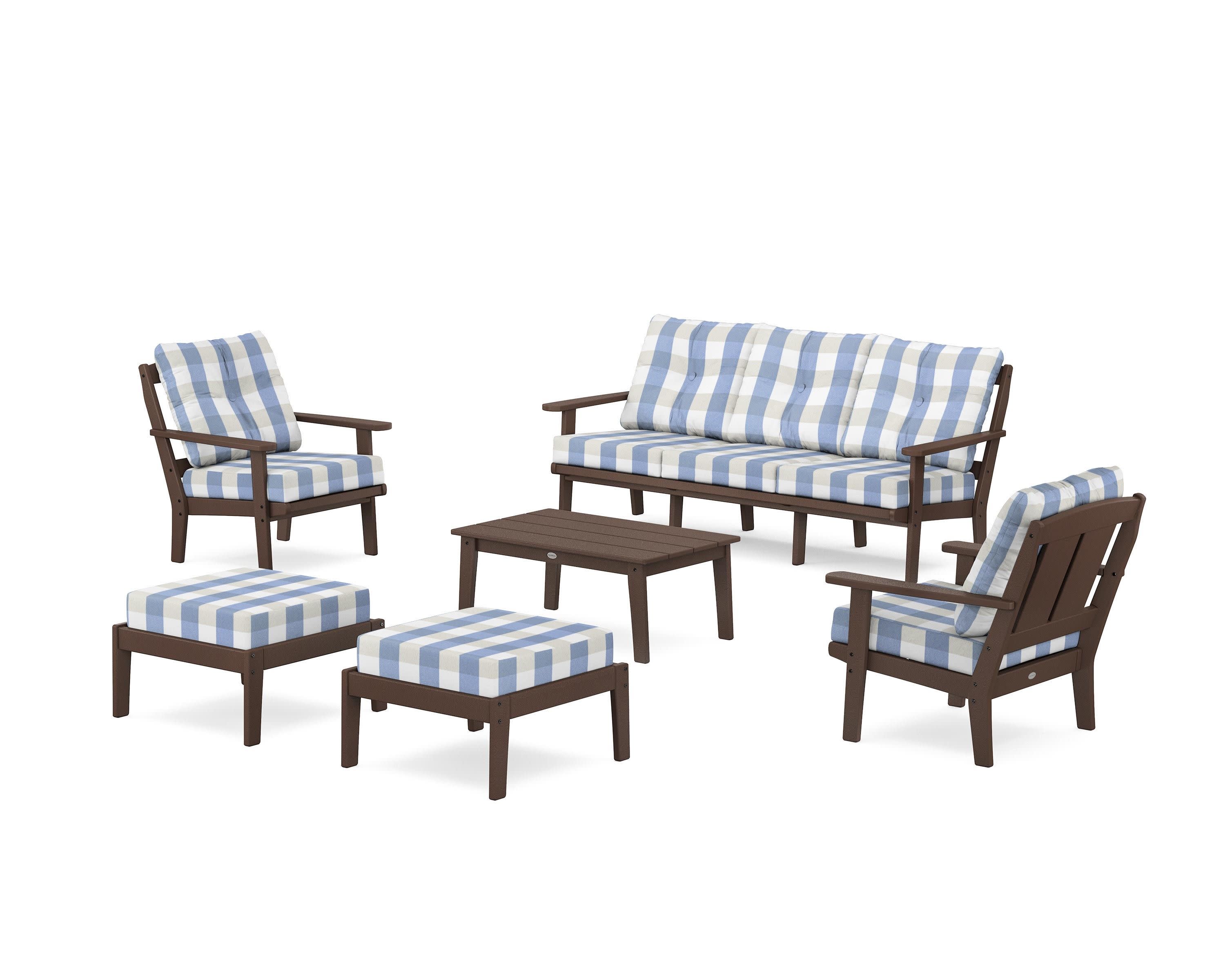 Mission 6-Piece Lounge Sofa Set in Mahogany / Buffalo Plaid Sky Blue