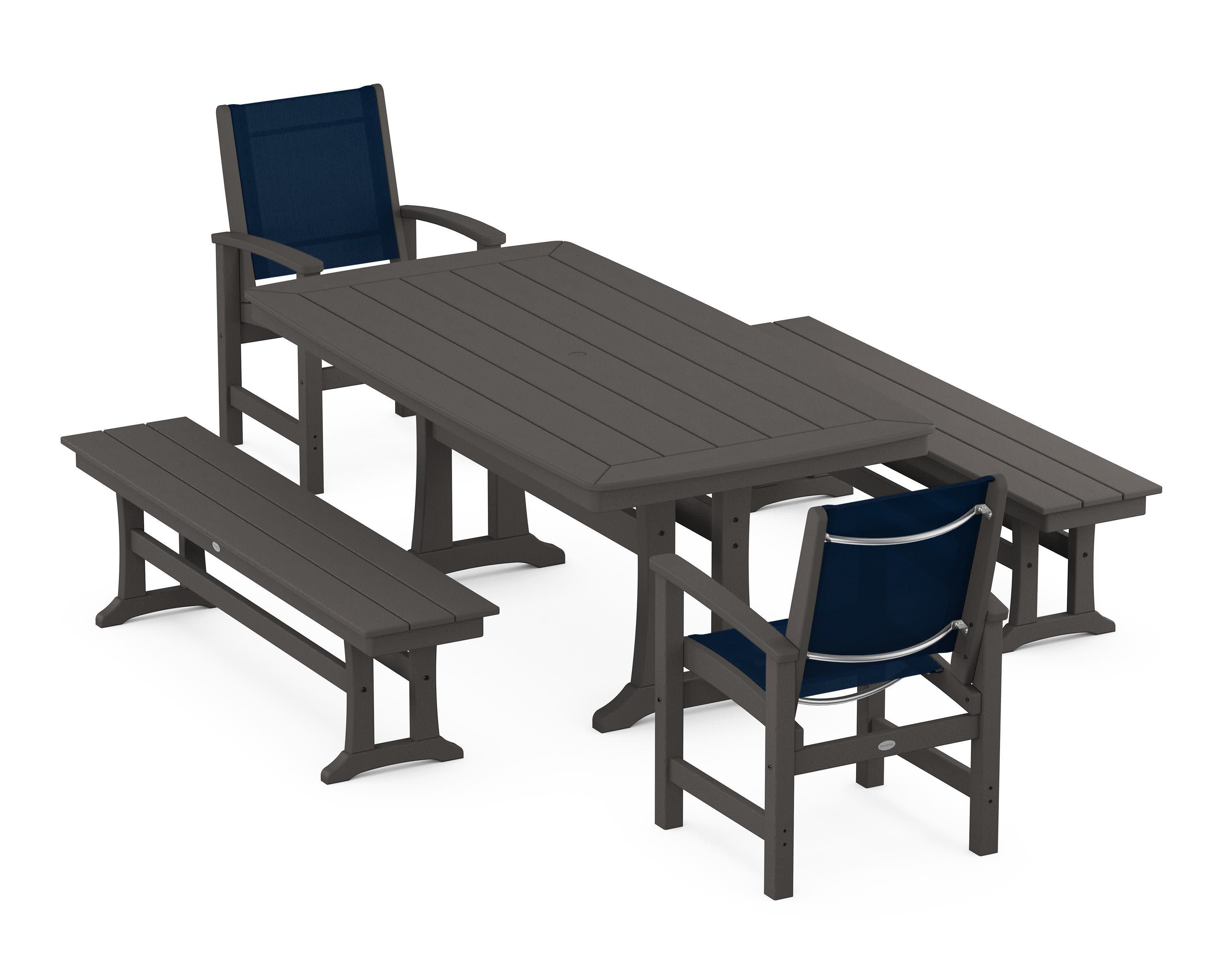 Coastal 5-Piece Dining Set with Trestle Legs and Benches in Vintage Coffee / Navy Blue Sling