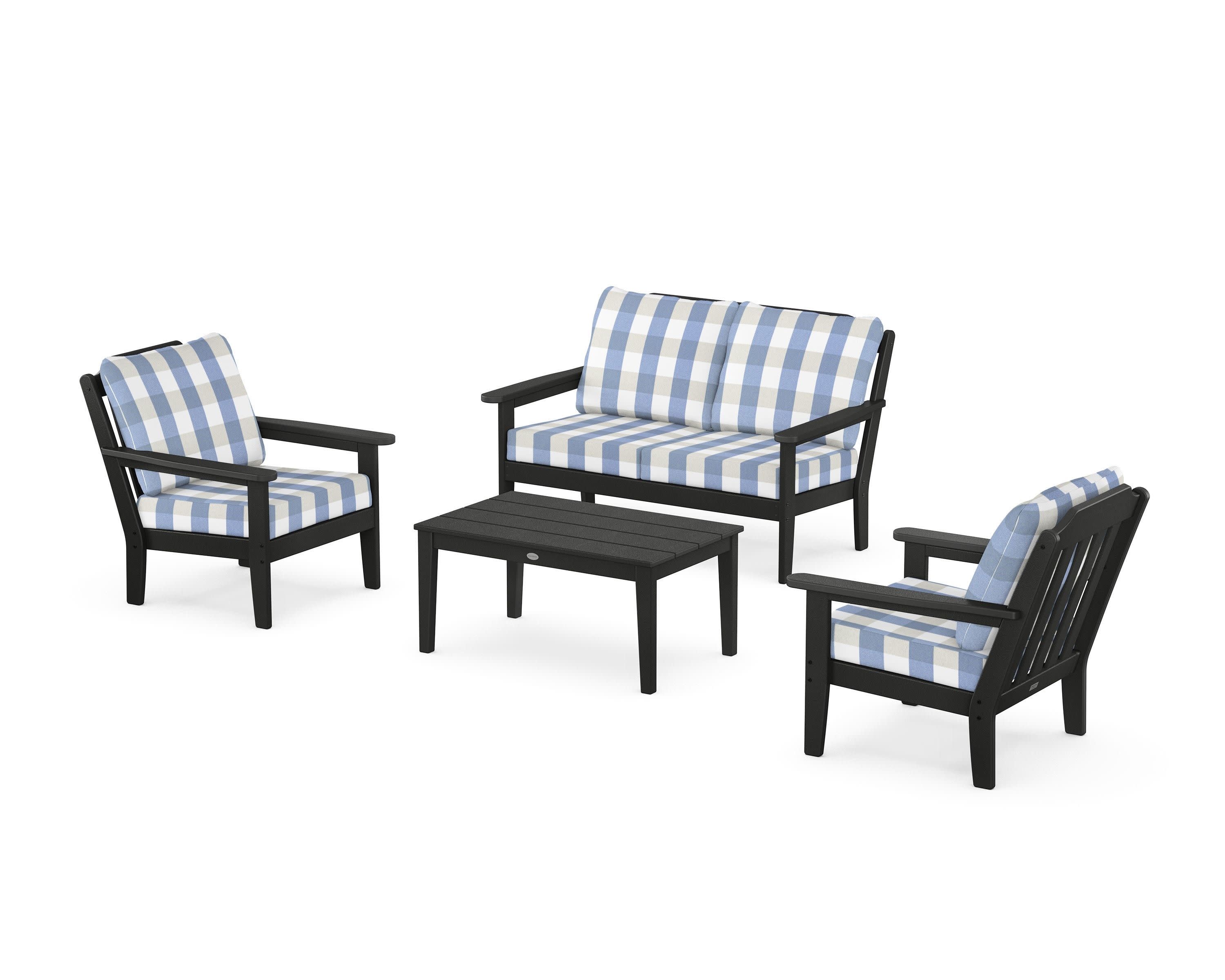 Cottage 4-Piece Deep Seating Set with Loveseat in Black / Buffalo Plaid Sky Blue