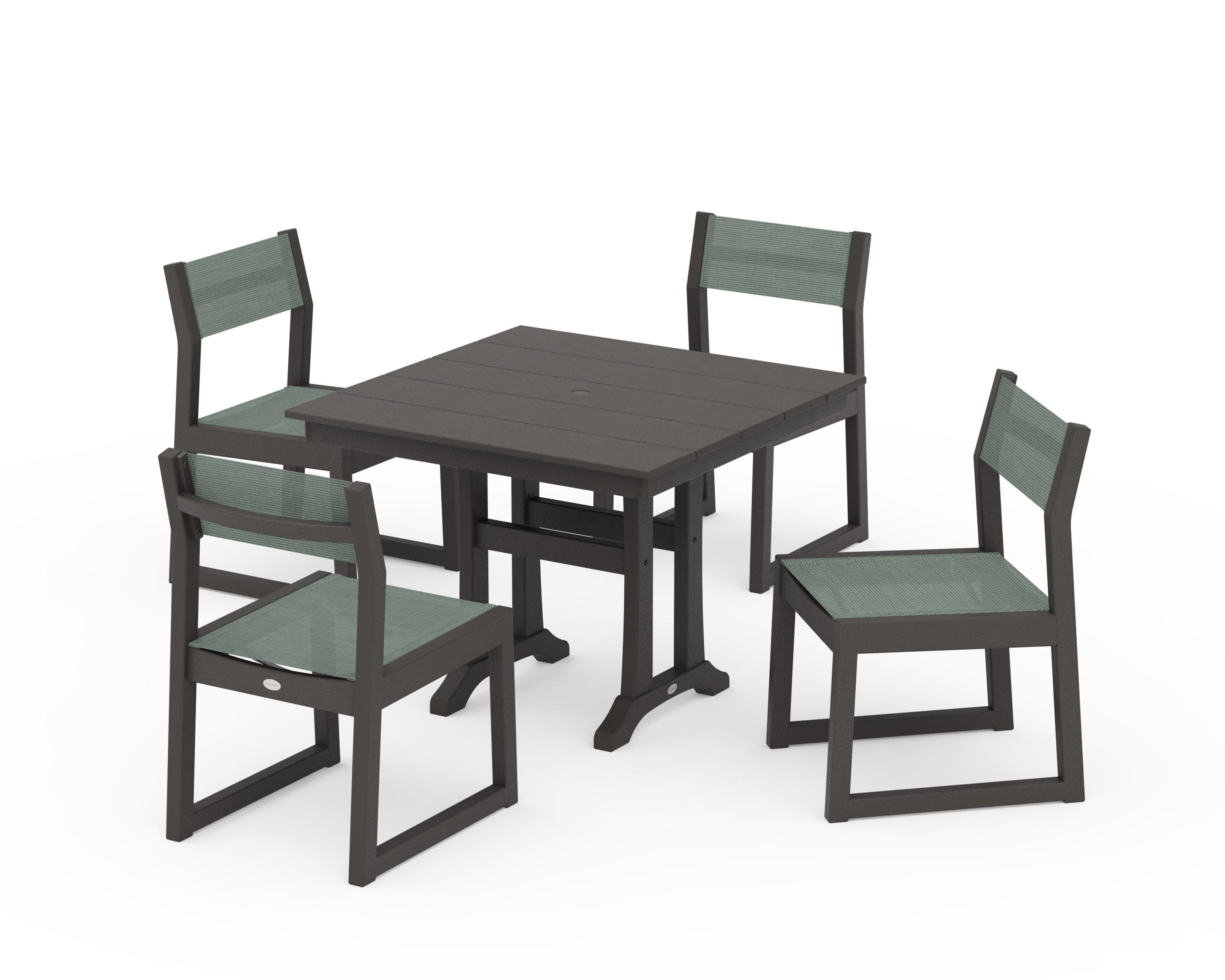 EDGE Sling 5-Piece Farmhouse Trestle Side Chair Dining Set in Vintage Coffee / Dupioni Sea Mist Sling
