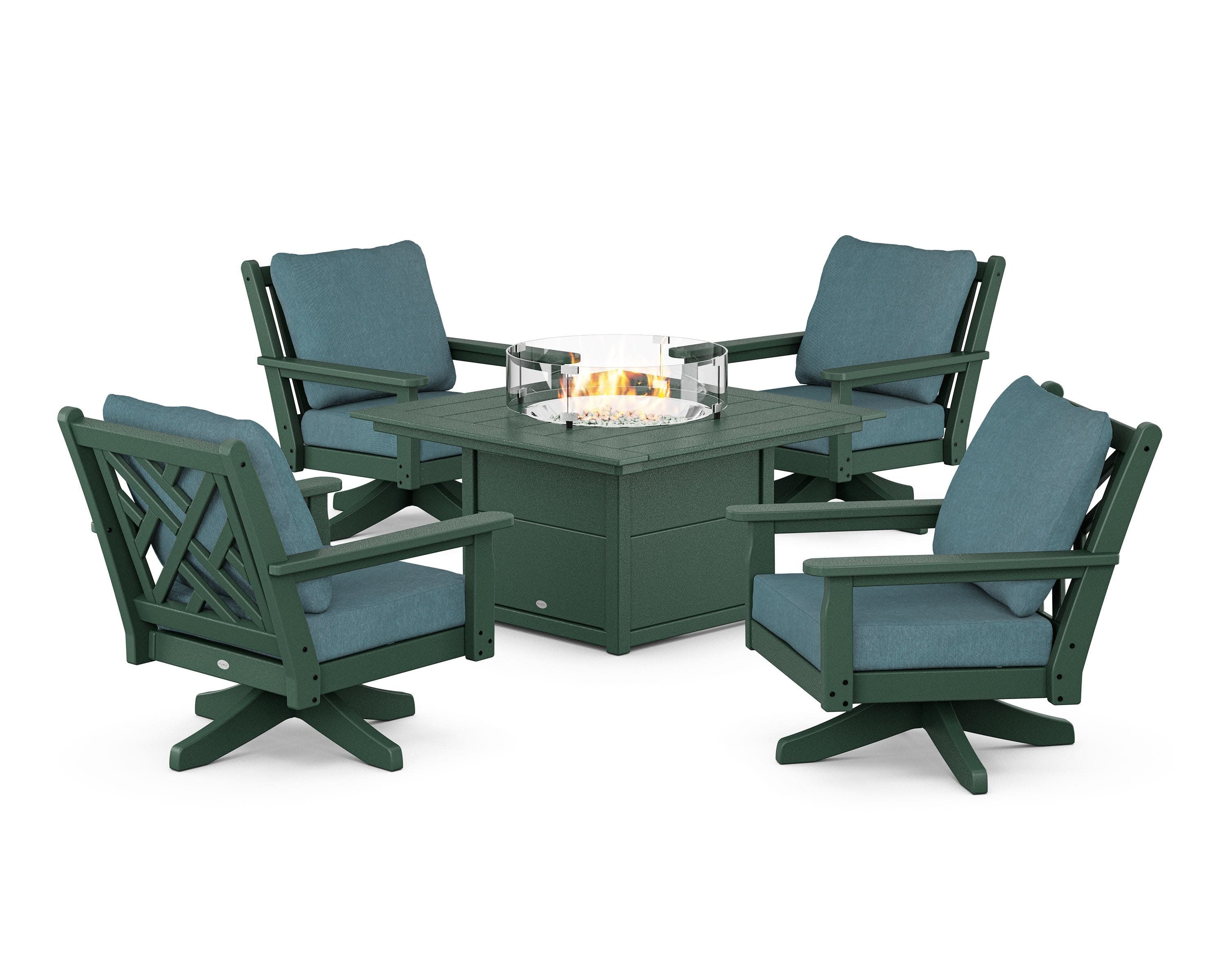 Chippendale 5-Piece Deep Seating Swivel Conversation Set with Fire Pit Table in Green / Ocean Teal