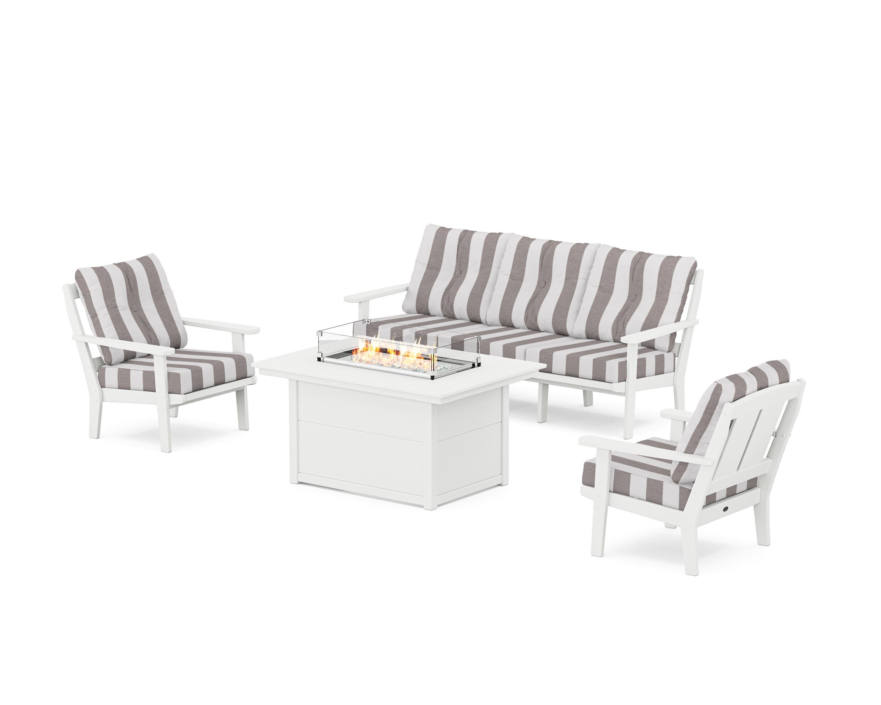 Mission Deep Seating Fire Pit Table Set in White / Cabana Stripe Grey Mist