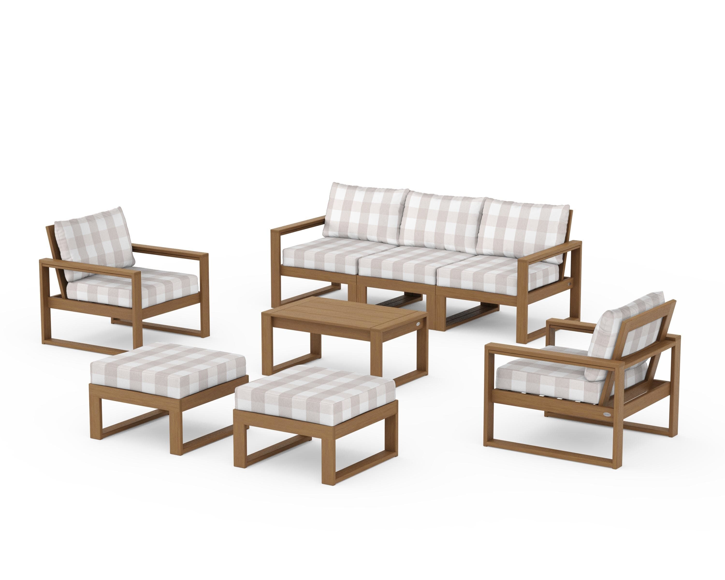 EDGE Sectional 8-Piece Lounge Sofa Set in Natural / Buffalo Plaid Dune Burlap