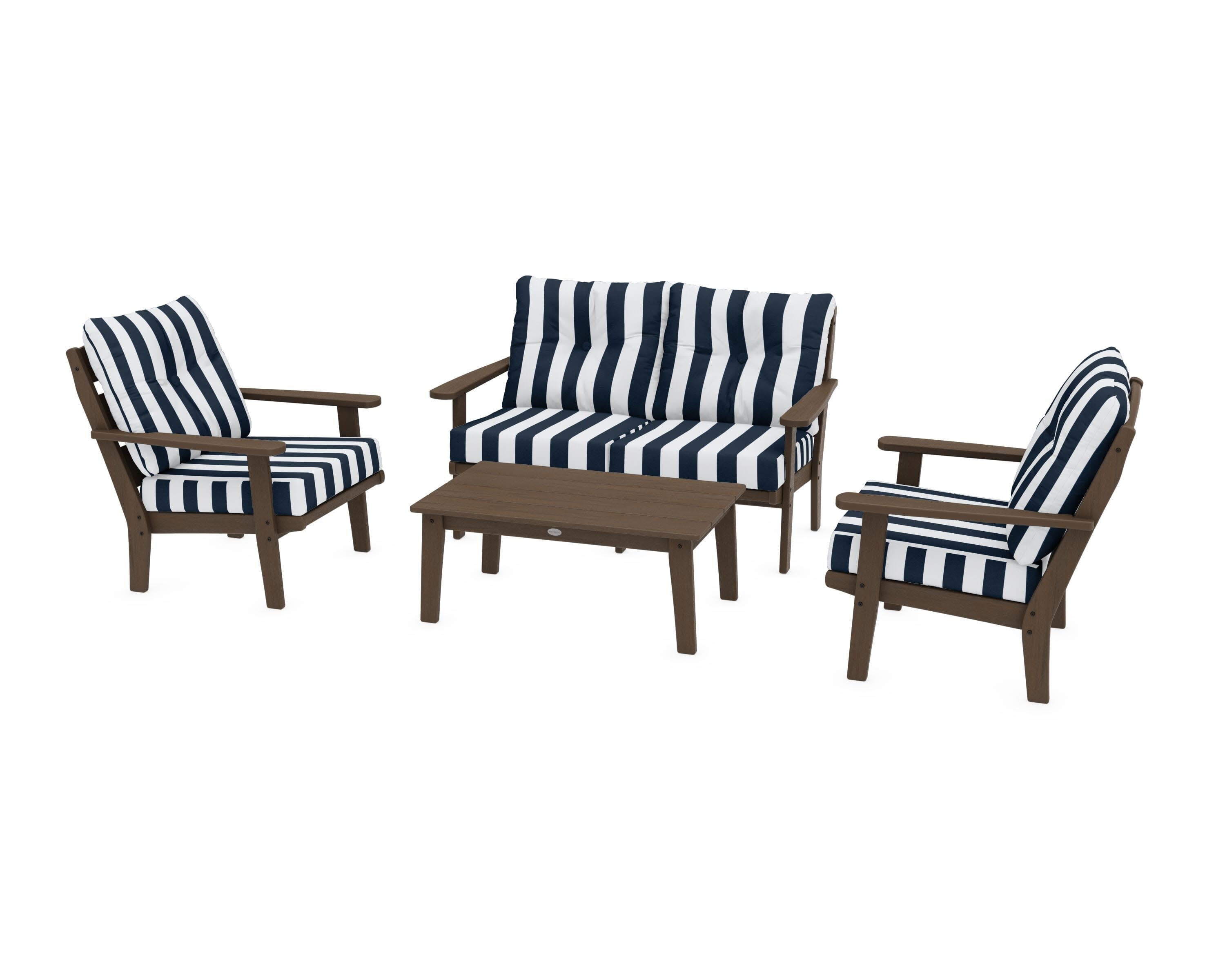 Lakeside 4-Piece Deep Seating Set in Kona / Cabana Stripe Marine Indigo