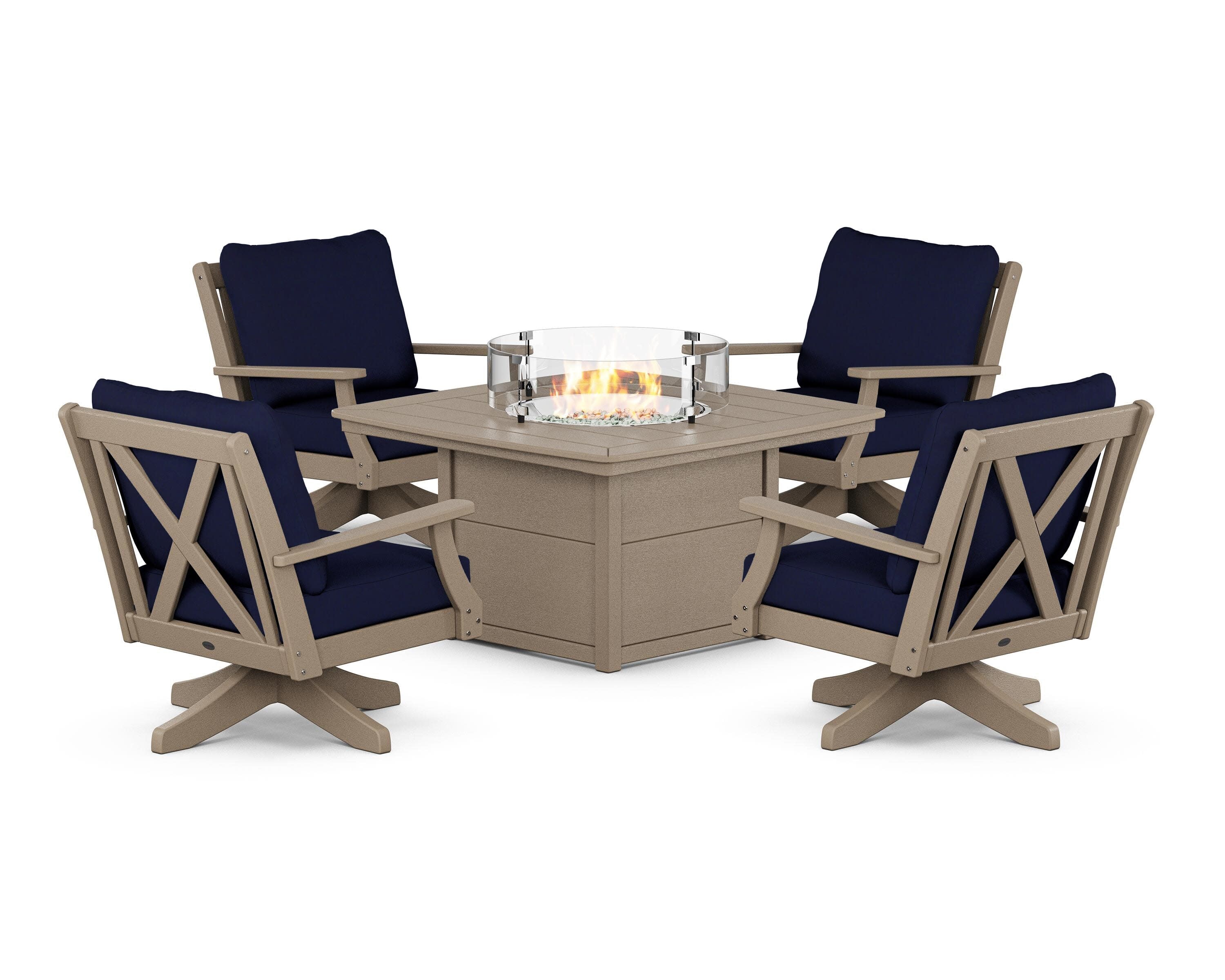 Braxton 5-Piece Deep Seating Swivel Conversation Set with Fire Pit Table in Vintage Sahara / Navy