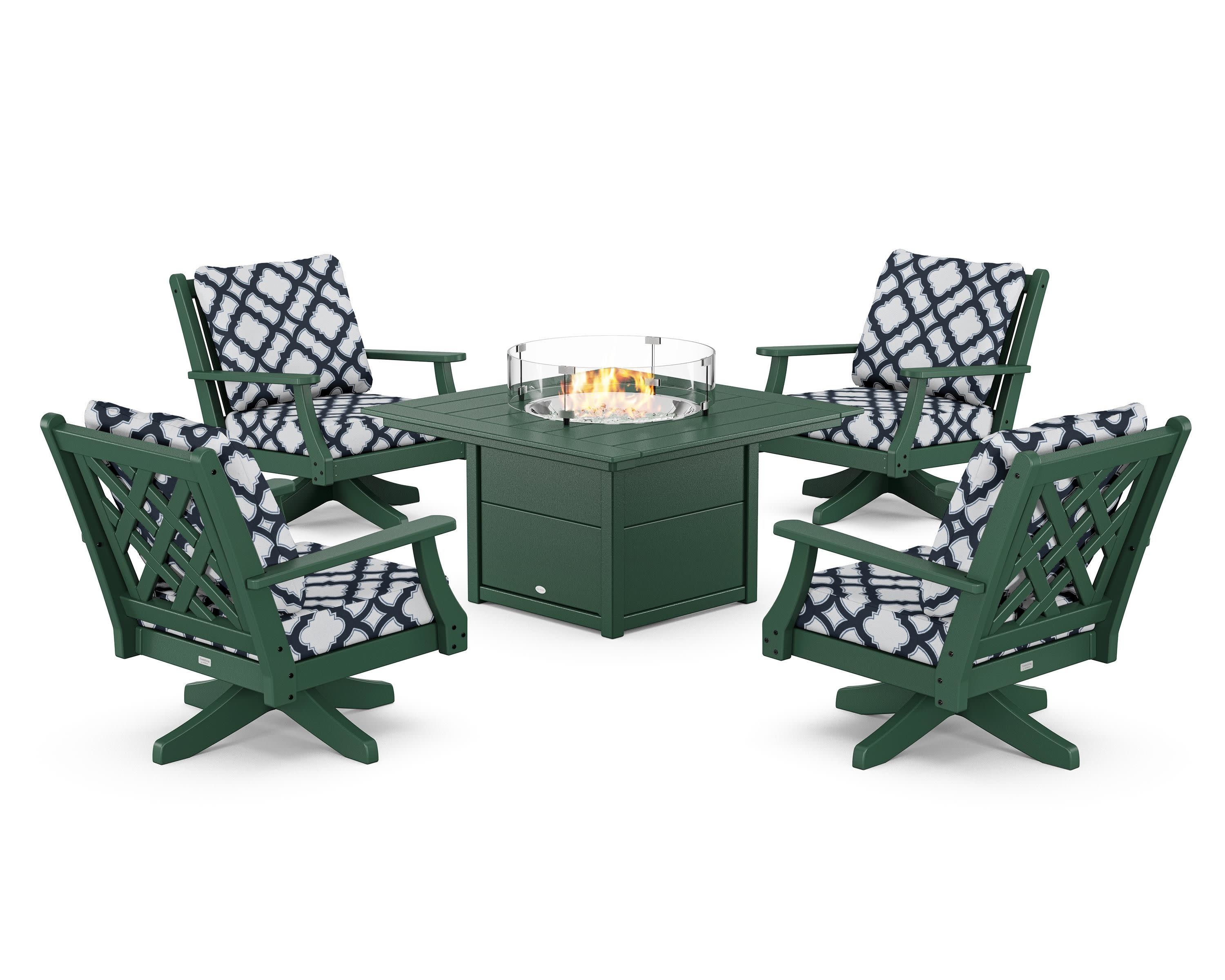 Wovendale 5-Piece Deep Seating Swivel Conversation Set with Fire Pit Table in Green / Trellis Marine Indigo