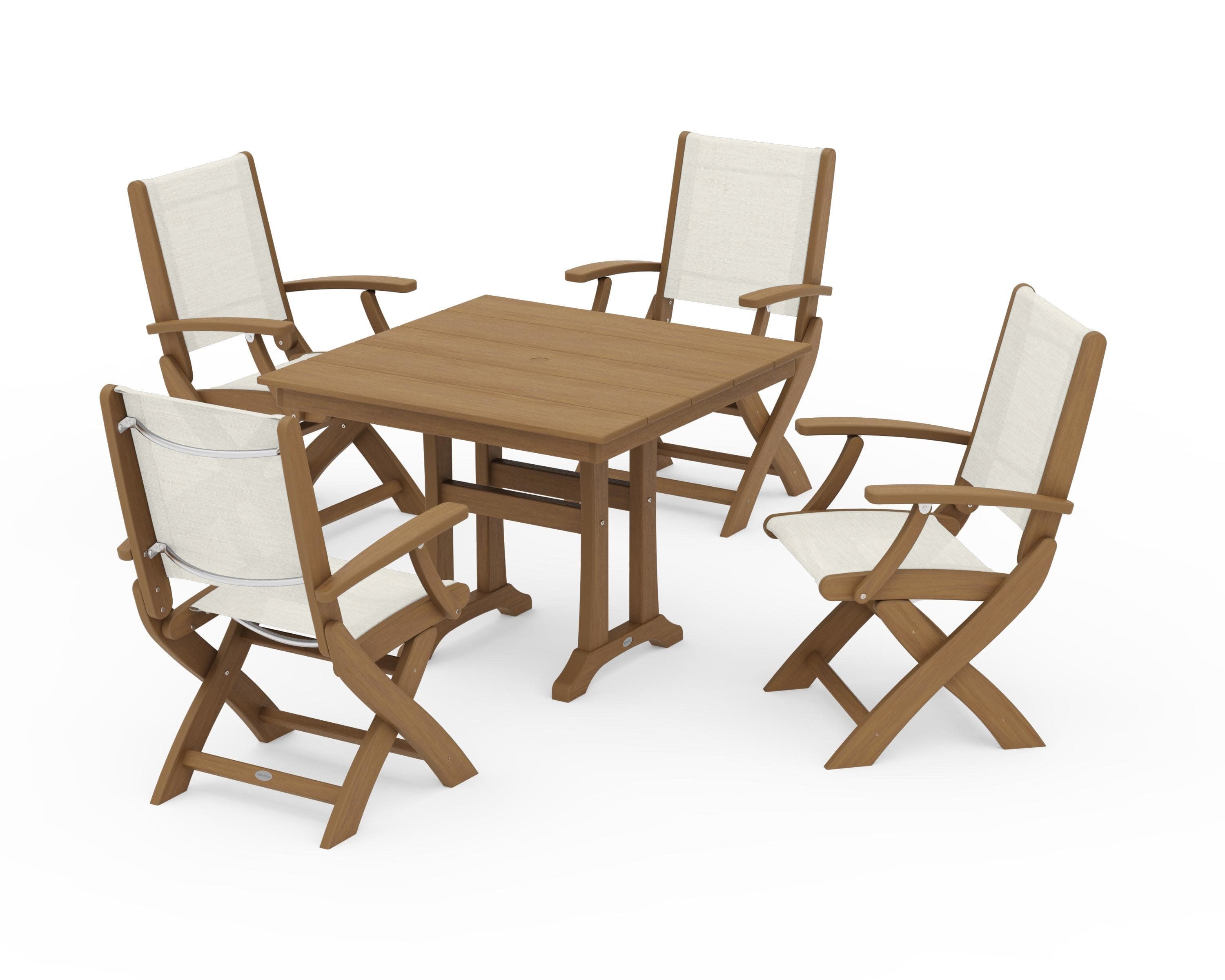 Coastal Folding Chair 5-Piece Farmhouse Dining Set With Trestle Legs in Natural / Parchment Sling