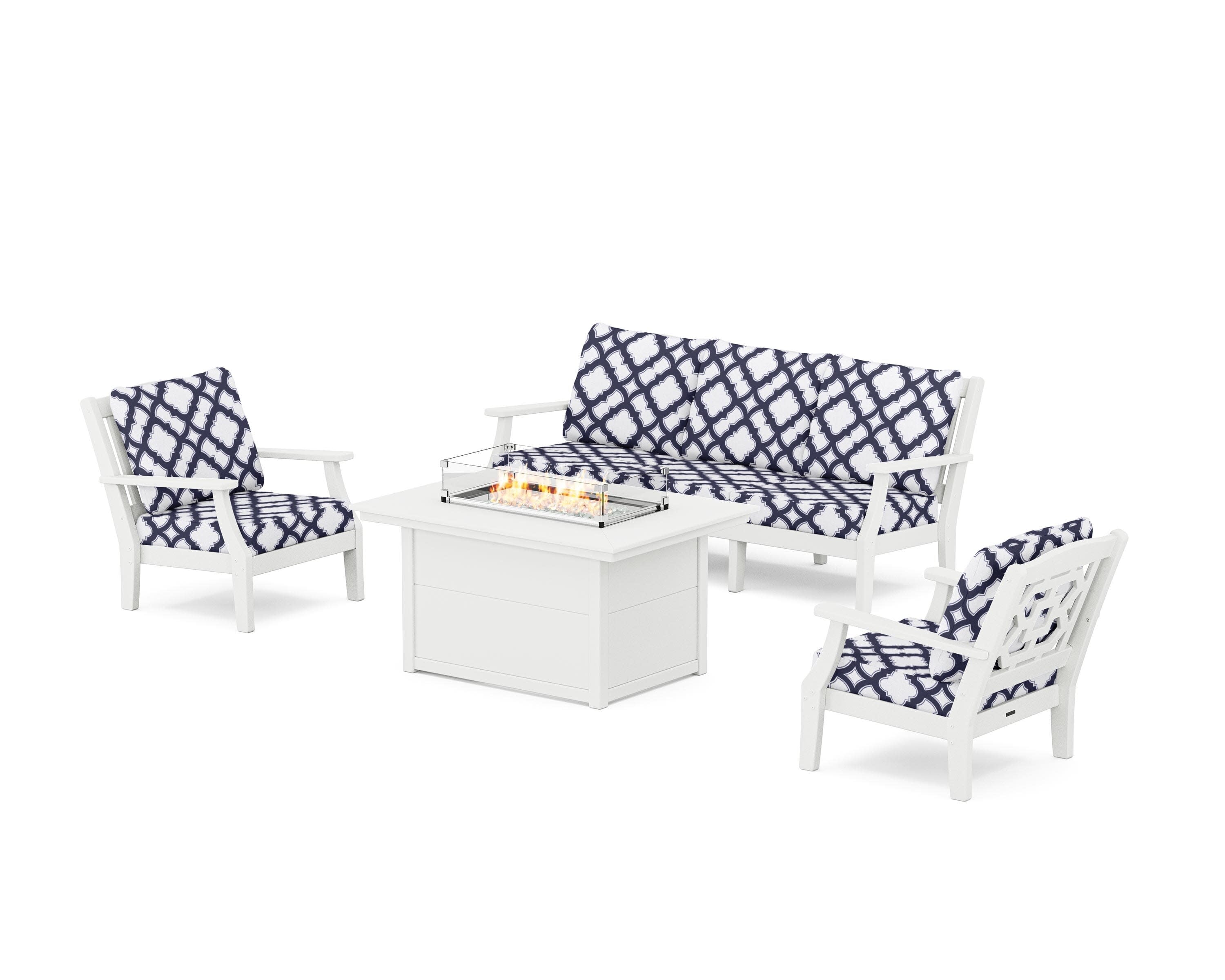Chinoiserie Deep Seating Fire Pit Table Set in White / Trellis Navy