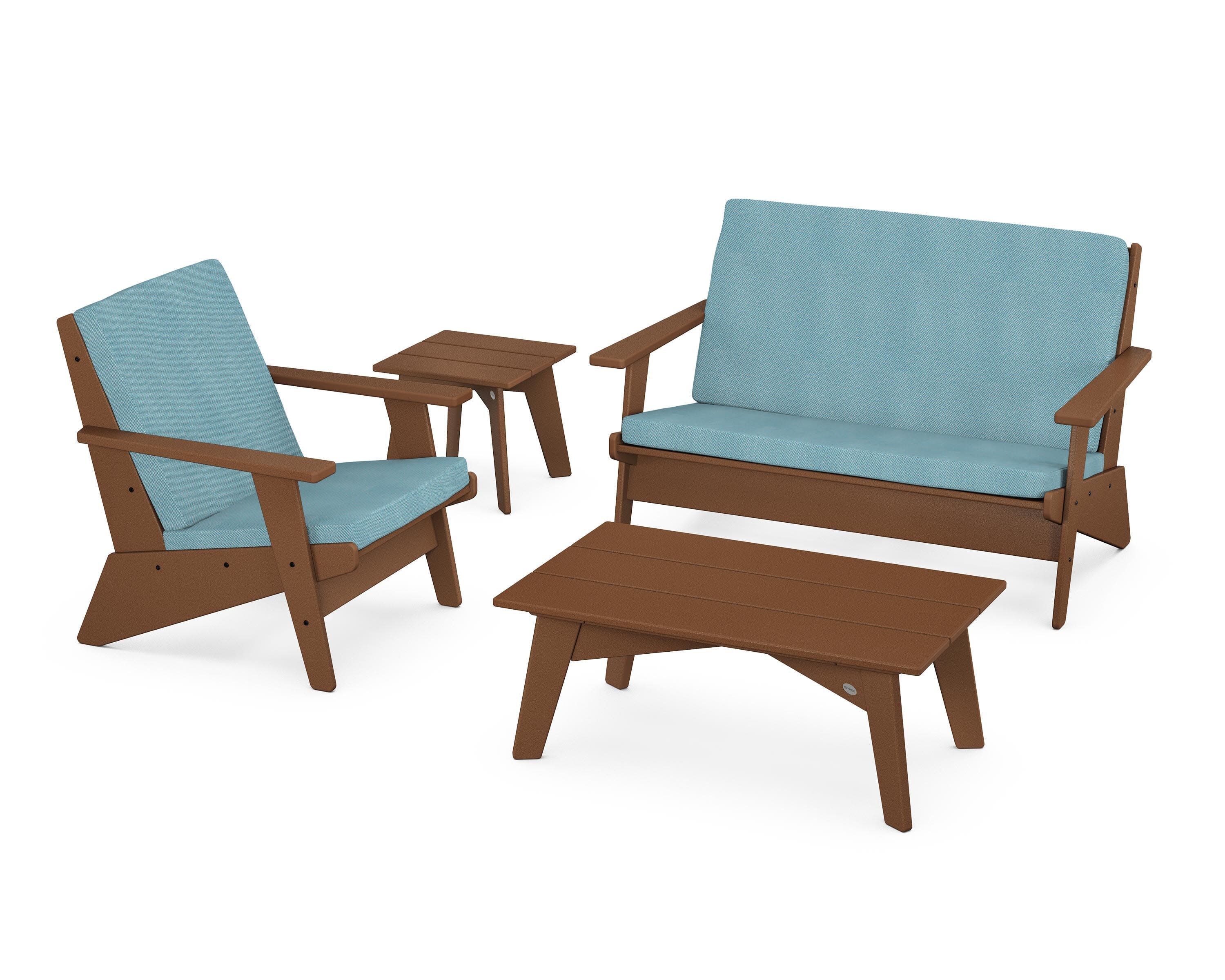 Riviera Modern Lounge 4-Piece Set in Teak / Lattice Sky Blue