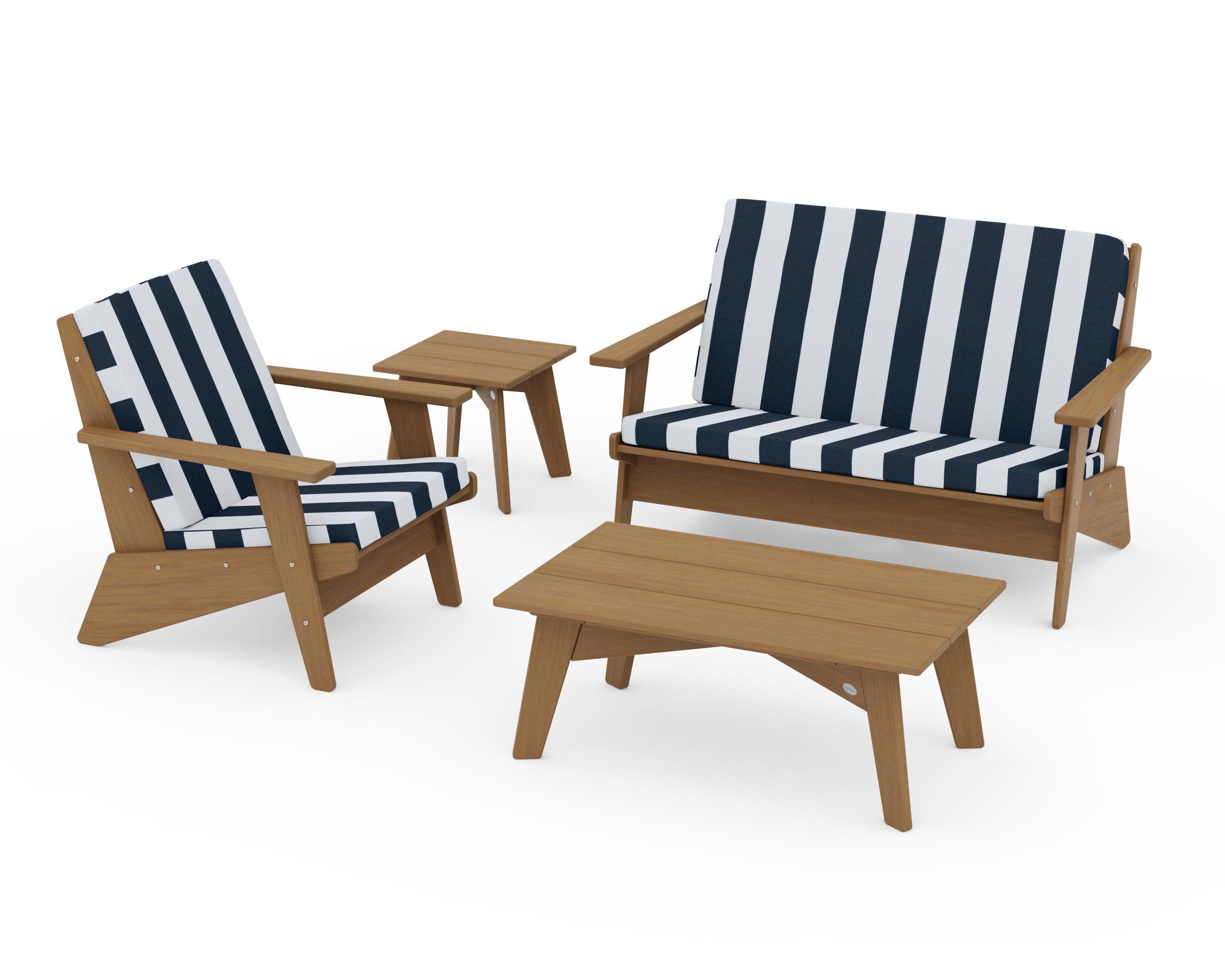 Riviera Modern Lounge 4-Piece Set in Natural / Cabana Stripe Marine Indigo