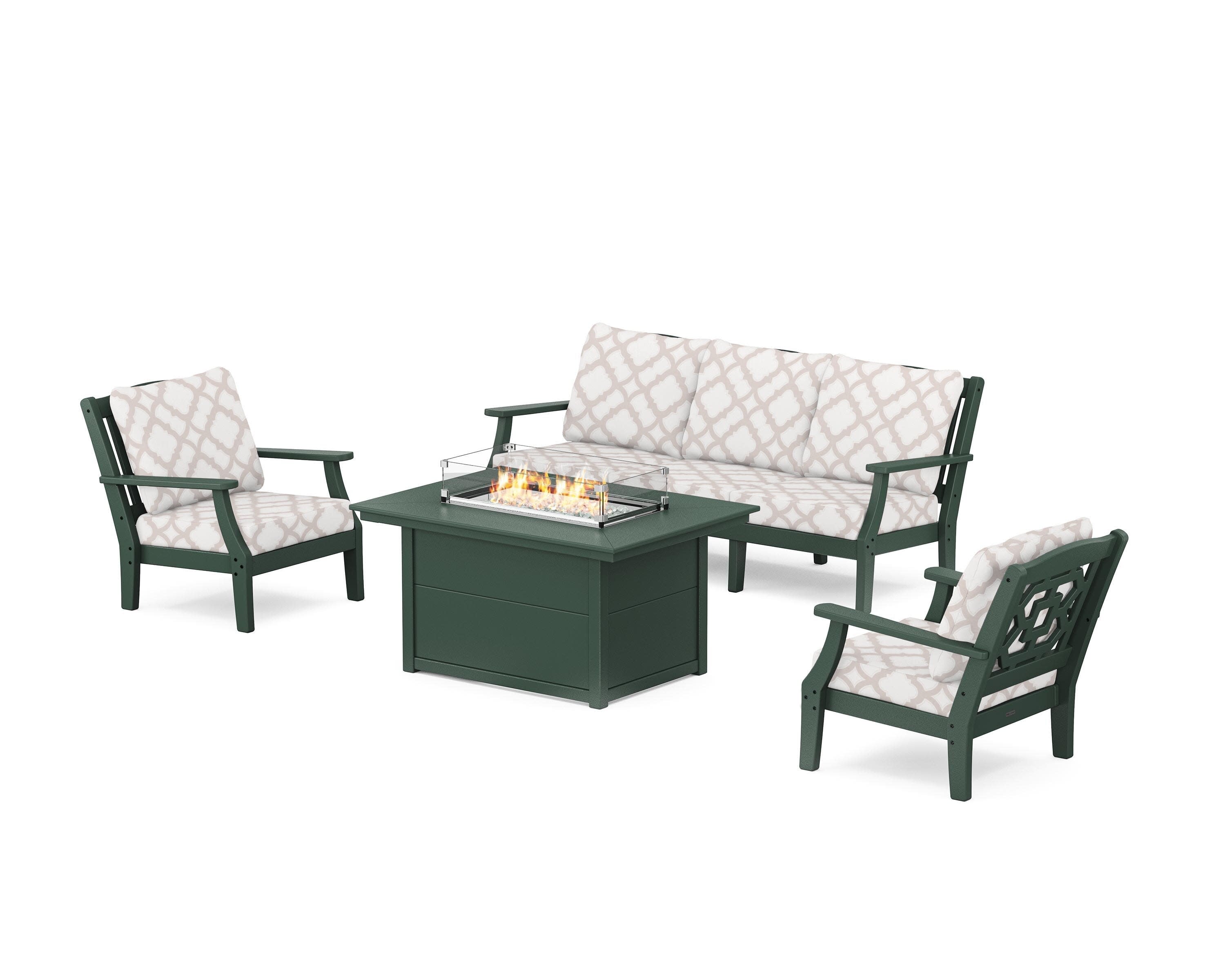 Chinoiserie Deep Seating Fire Pit Table Set in Green / Trellis Dune Burlap