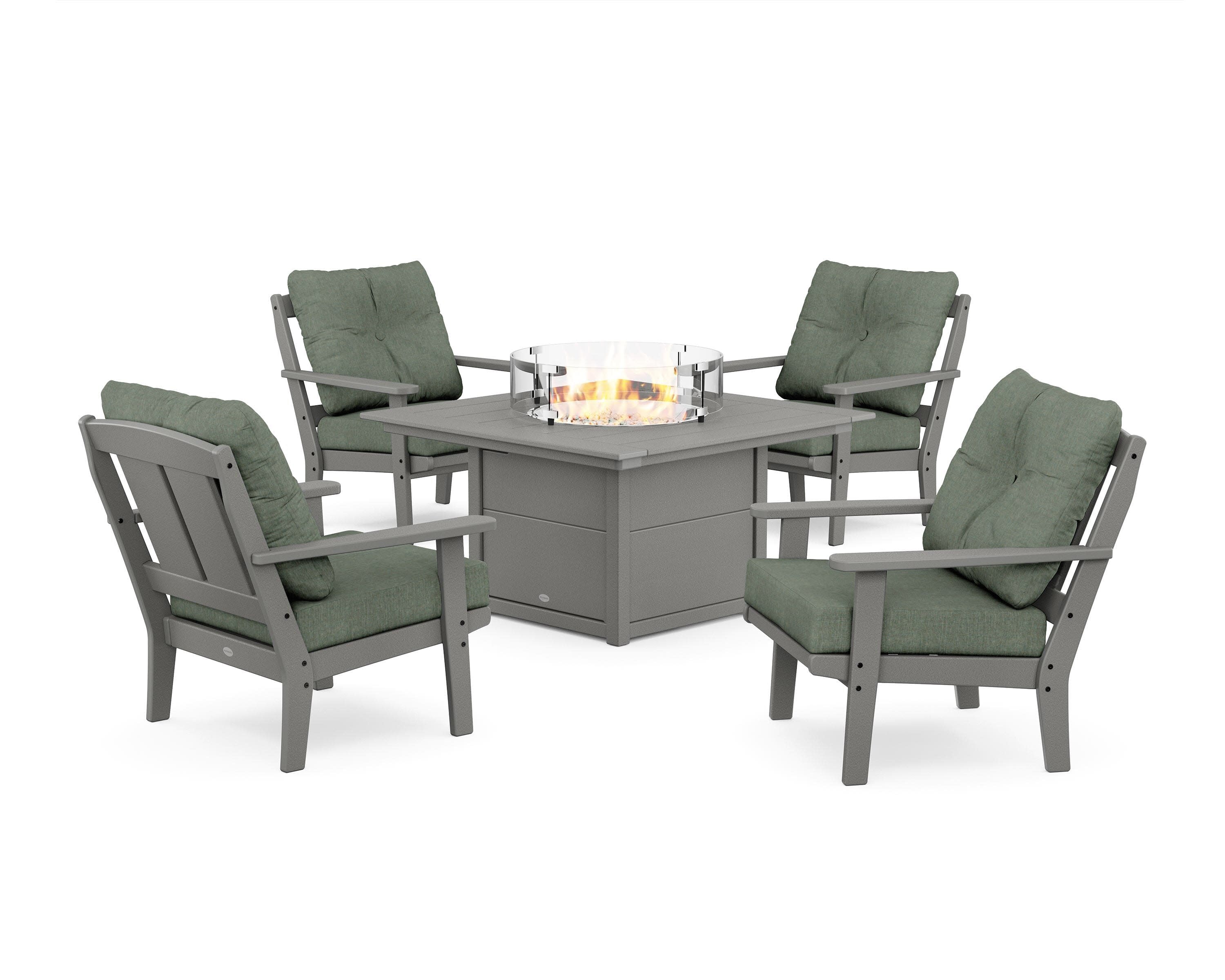Mission 5-Piece Deep Seating Set with Fire Pit Table in Slate Grey / Cast Sage