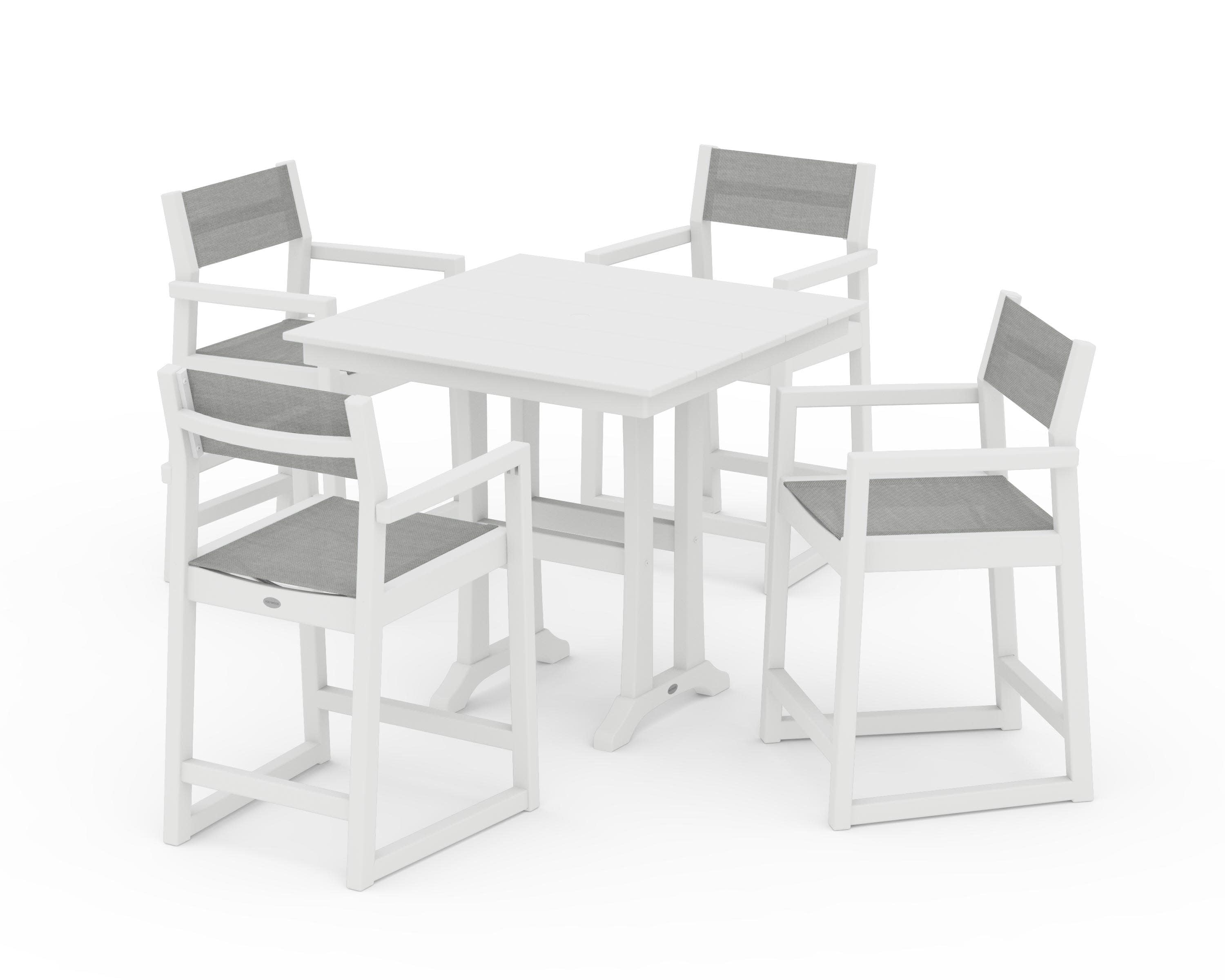EDGE Sling Arm Chair 5-Piece Farmhouse Counter Set with Trestle Legs in White / Metallic Sling