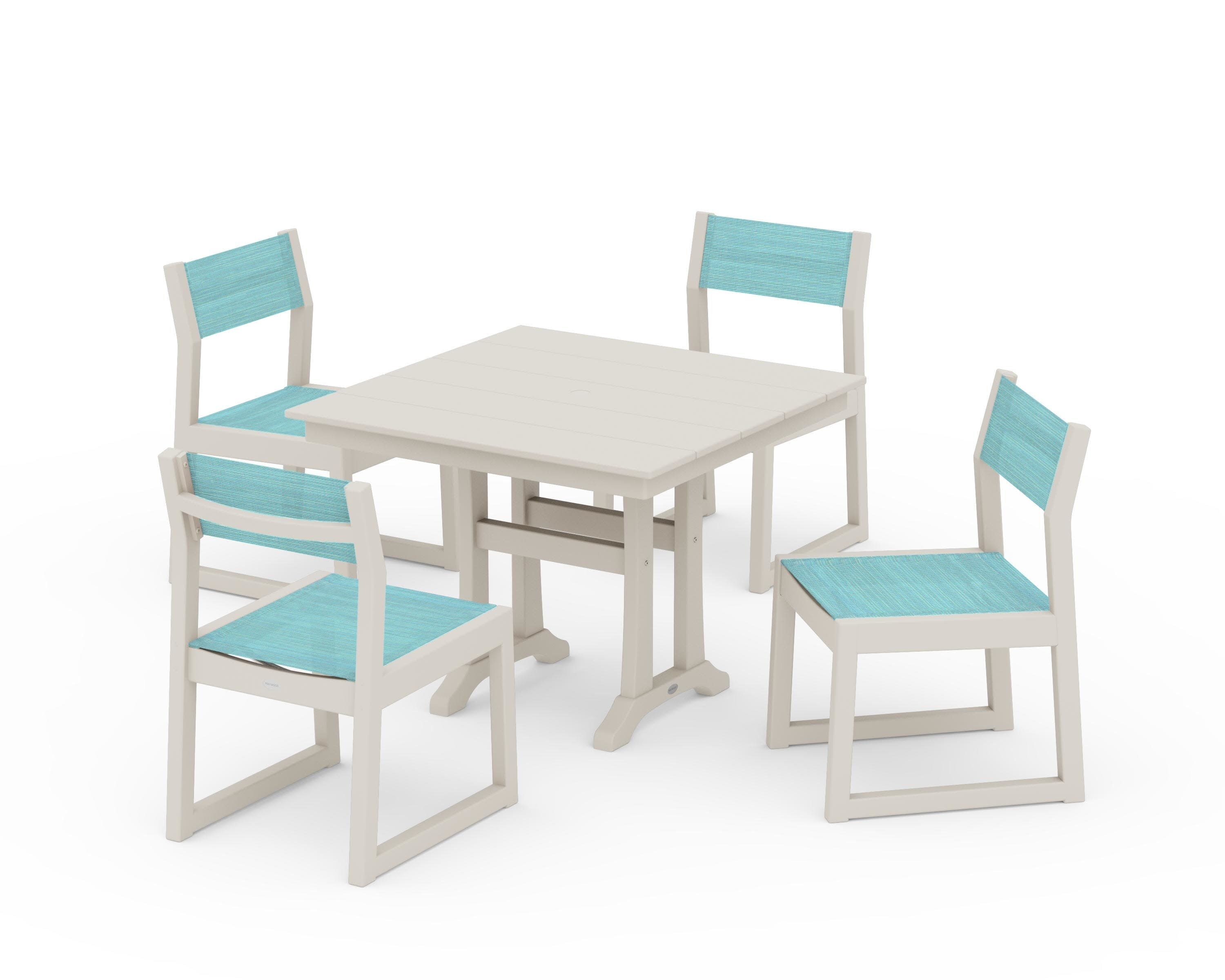 EDGE Sling 5-Piece Farmhouse Trestle Side Chair Dining Set in Sand / Dupioni Aquamarine Sling