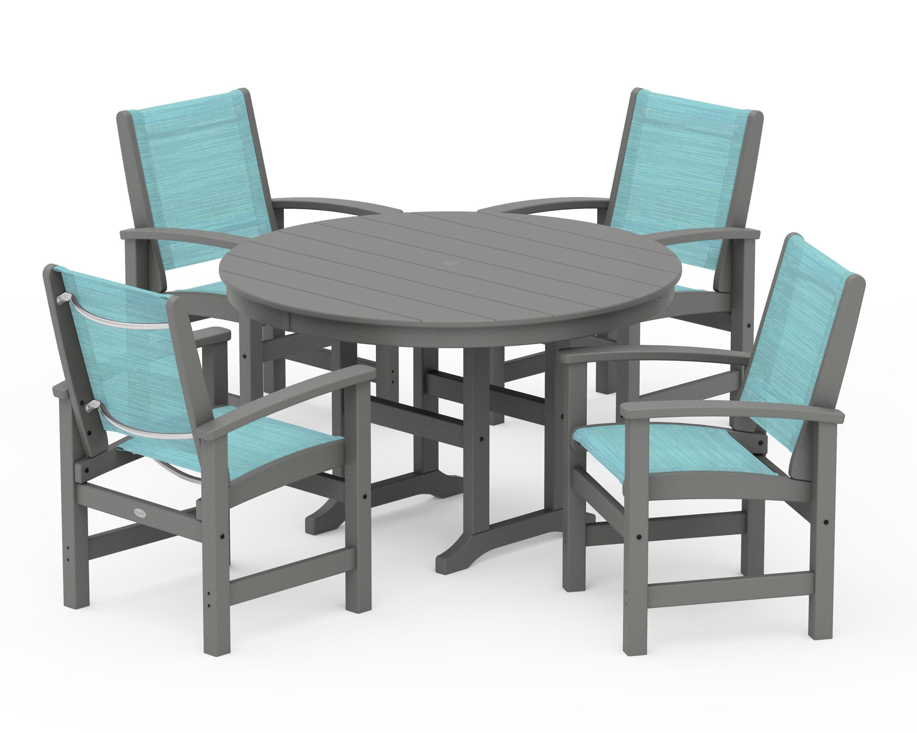Coastal 5-Piece Round Farmhouse Dining Set in Slate Grey / Dupioni Aquamarine Sling
