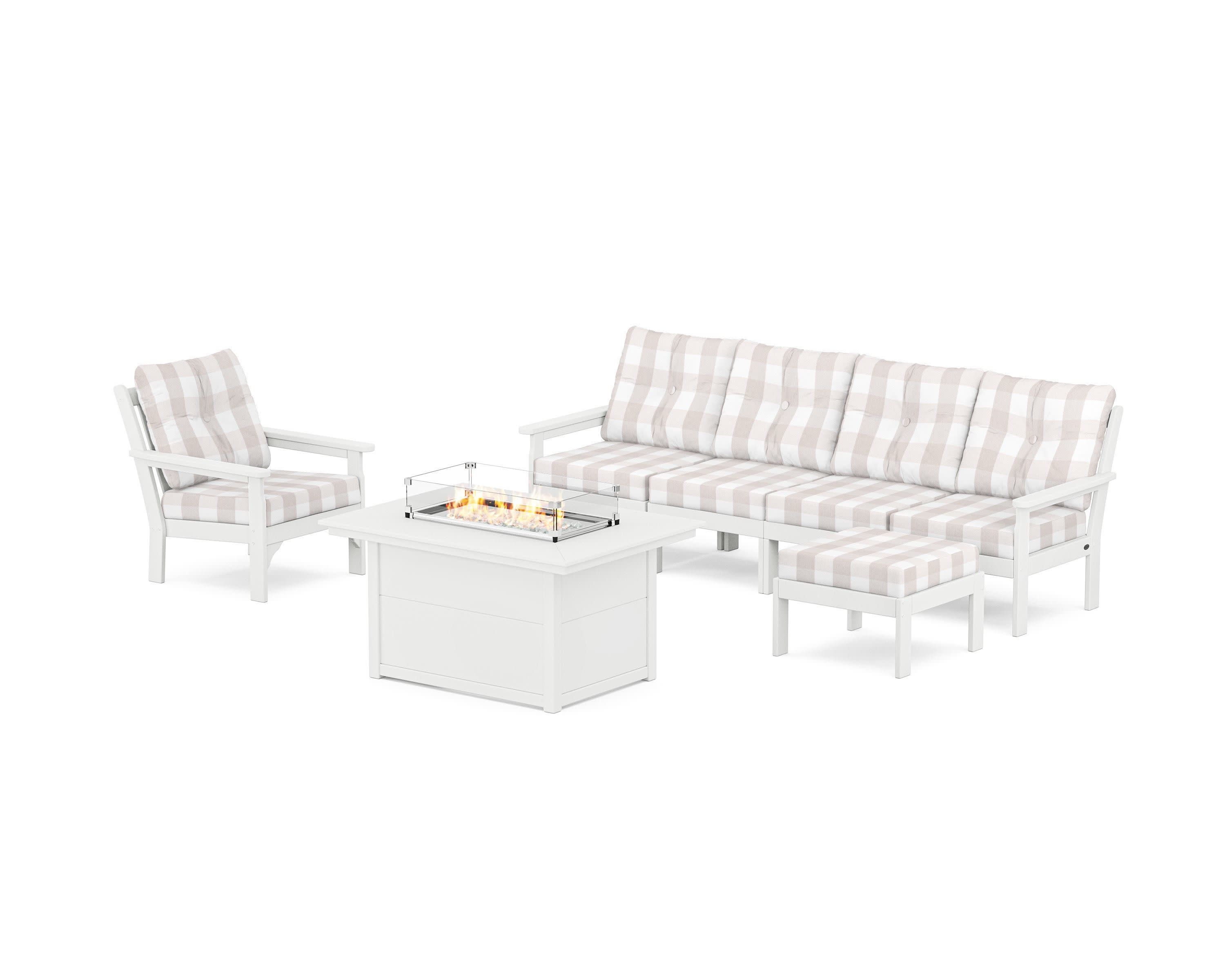 Vineyard Sectional Lounge and Fire Pit Set in White / Buffalo Plaid Dune Burlap